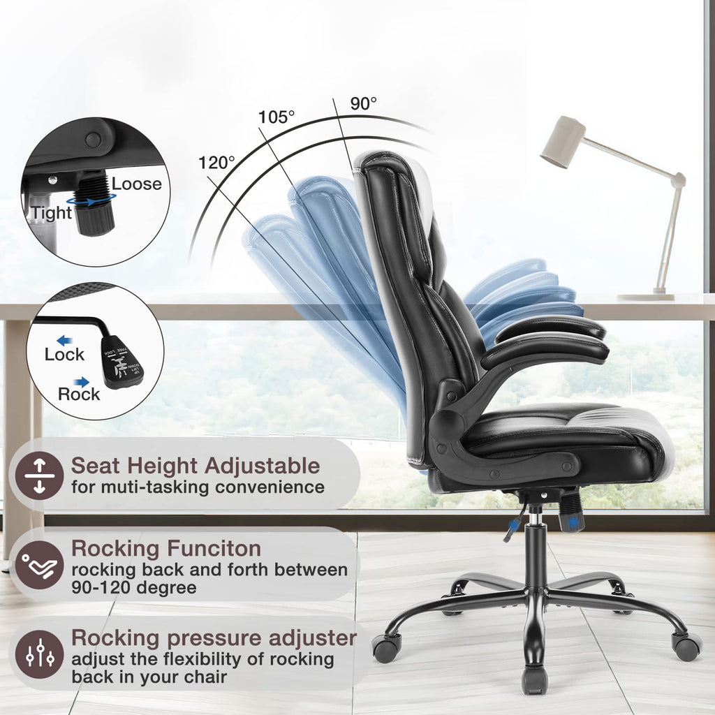Ergonomic Office Chair, Heavy Duty 275lbs High Back Desk Chair, Flip-up Armrest PU Leather Swivel Rolling Chair with Wheels,Black
