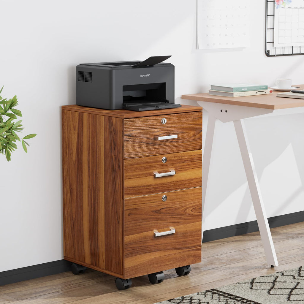 3-Drawer File Cabinet with Lock, Wood Rolling Filing Cabinets for Home Office, Mobile Printer Stand, Under Desk File Organizer for Letter Sized Files, 26" H(Caster Included), Walnut