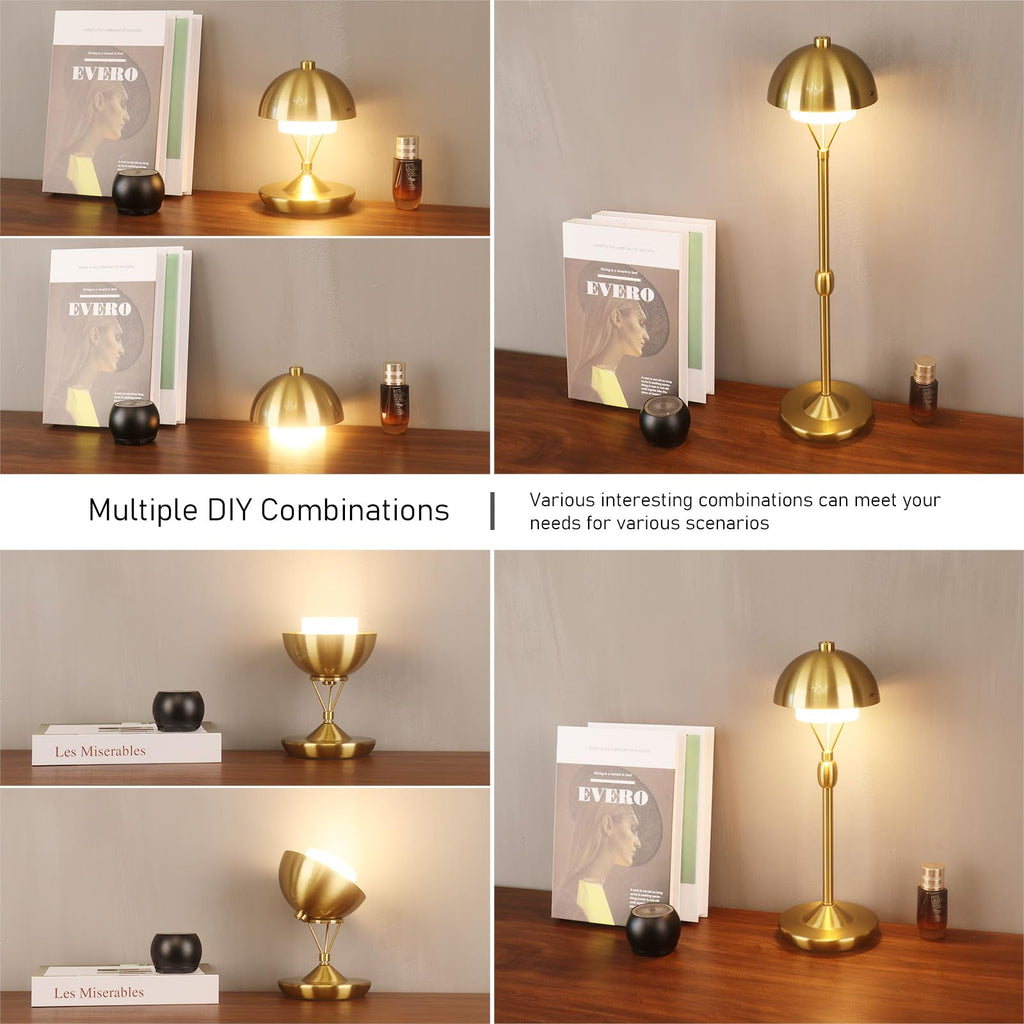 Modern Table Lamp Cordless Portable Desk Lamp, 2700K Stepless Dimming Rechargeable Battery Operated LED Lights for Bedroom, USB-C Charging, Restaurant/Bar/Night Light/Gifts (Brass)