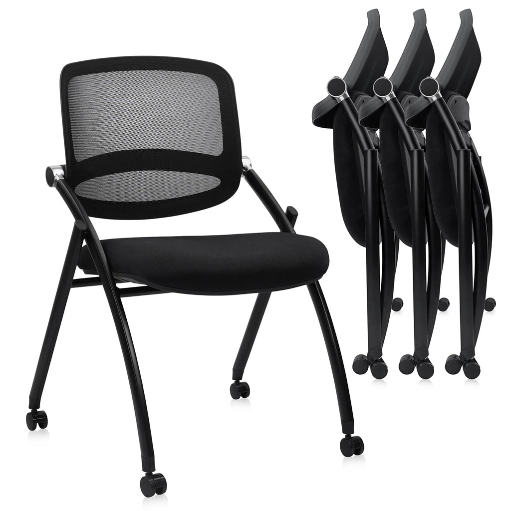 (4pk) Stackable & Foldable Chairs with Wheels, Reception Guest Chairs with Lumbar Support, Ergonomic Curved Mesh Back Folding Chair for Office Schools Conference Waiting Room, Black