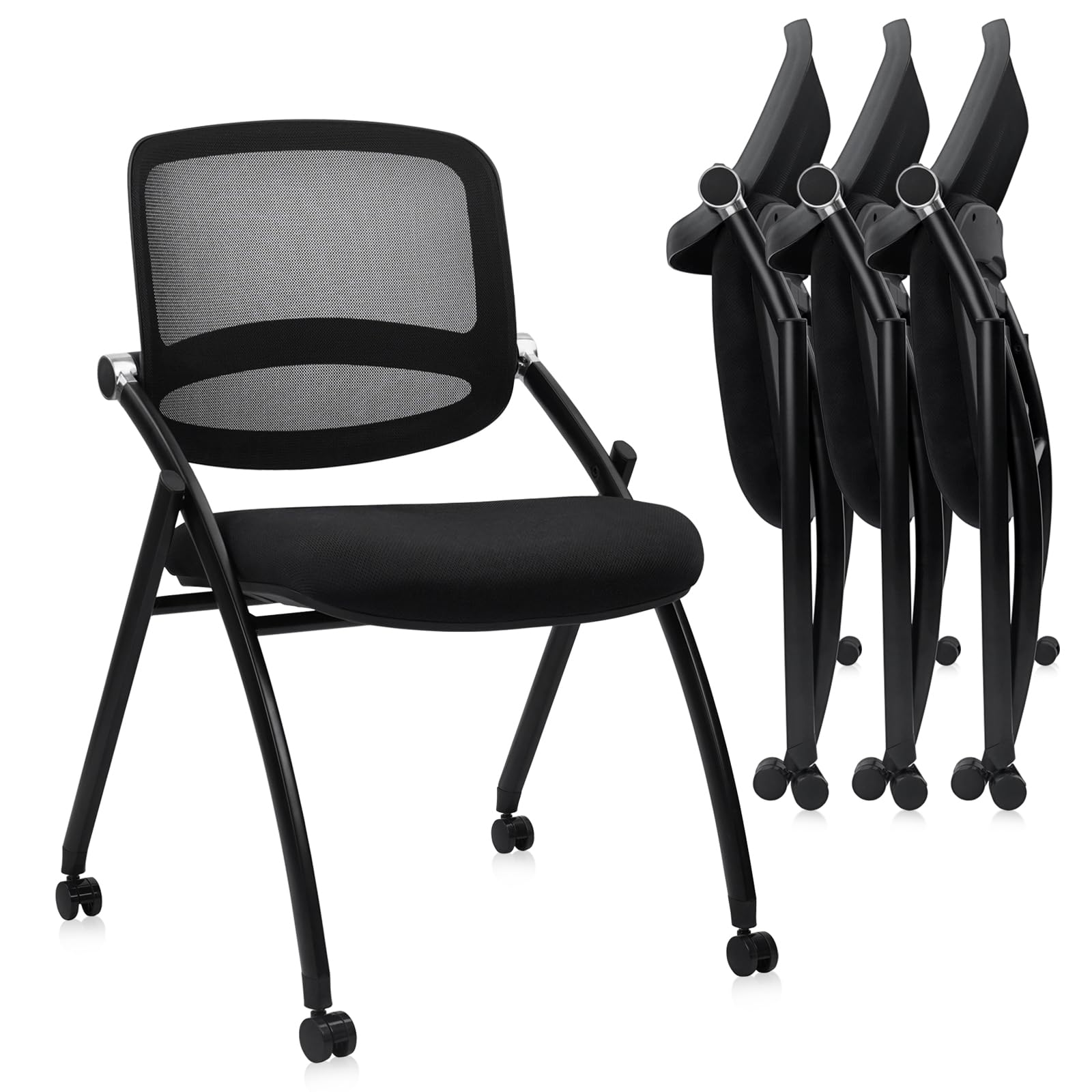 (4pk) Stackable & Foldable Chairs with Wheels, Reception Guest Chairs with Lumbar Support, Ergonomic Curved Mesh Back Folding Chair for Office Schools Conference Waiting Room, Black