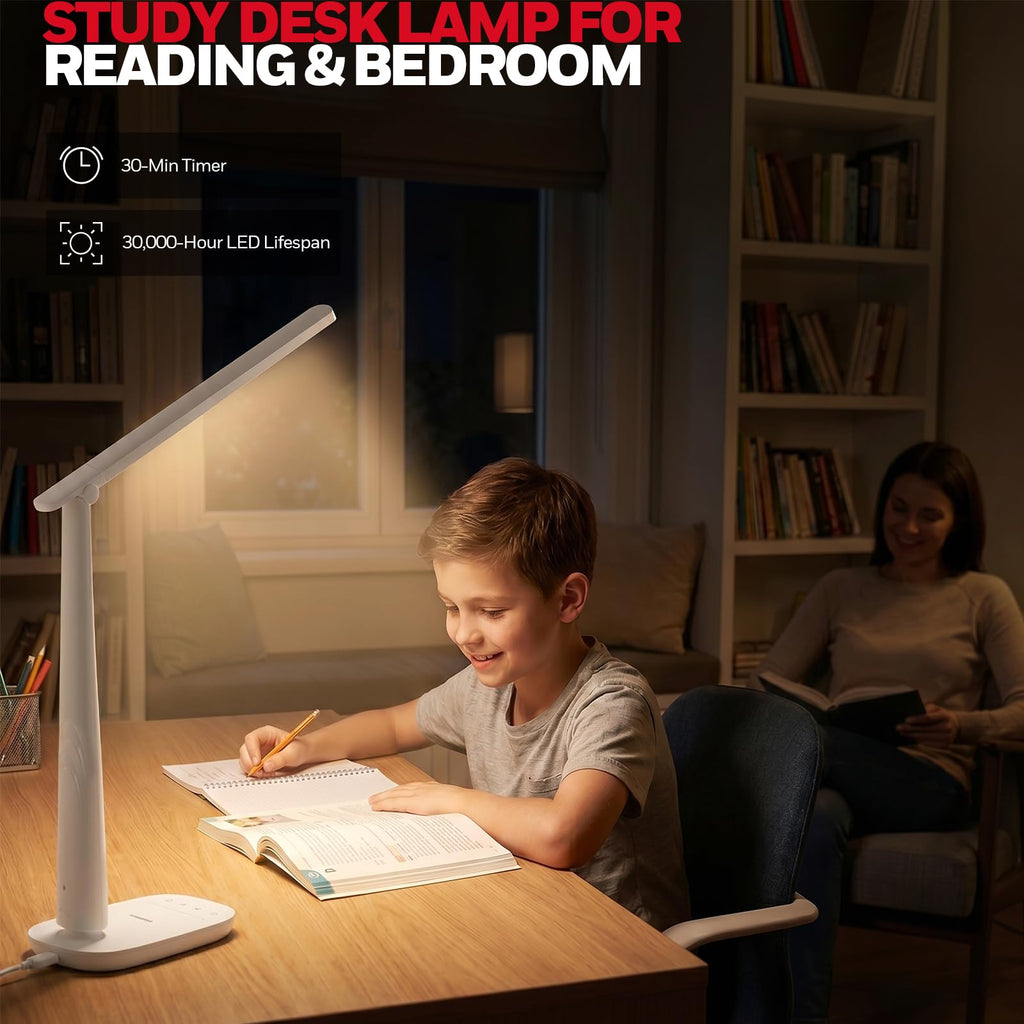 LED Desk Lamp for Home Office, Eye-Caring Dimmable Reading Light with 4 Color Modes, Touch Control, USB-A & USB-C Charging Ports, Adjustable Head, Timer for Bedroom & Small Desks