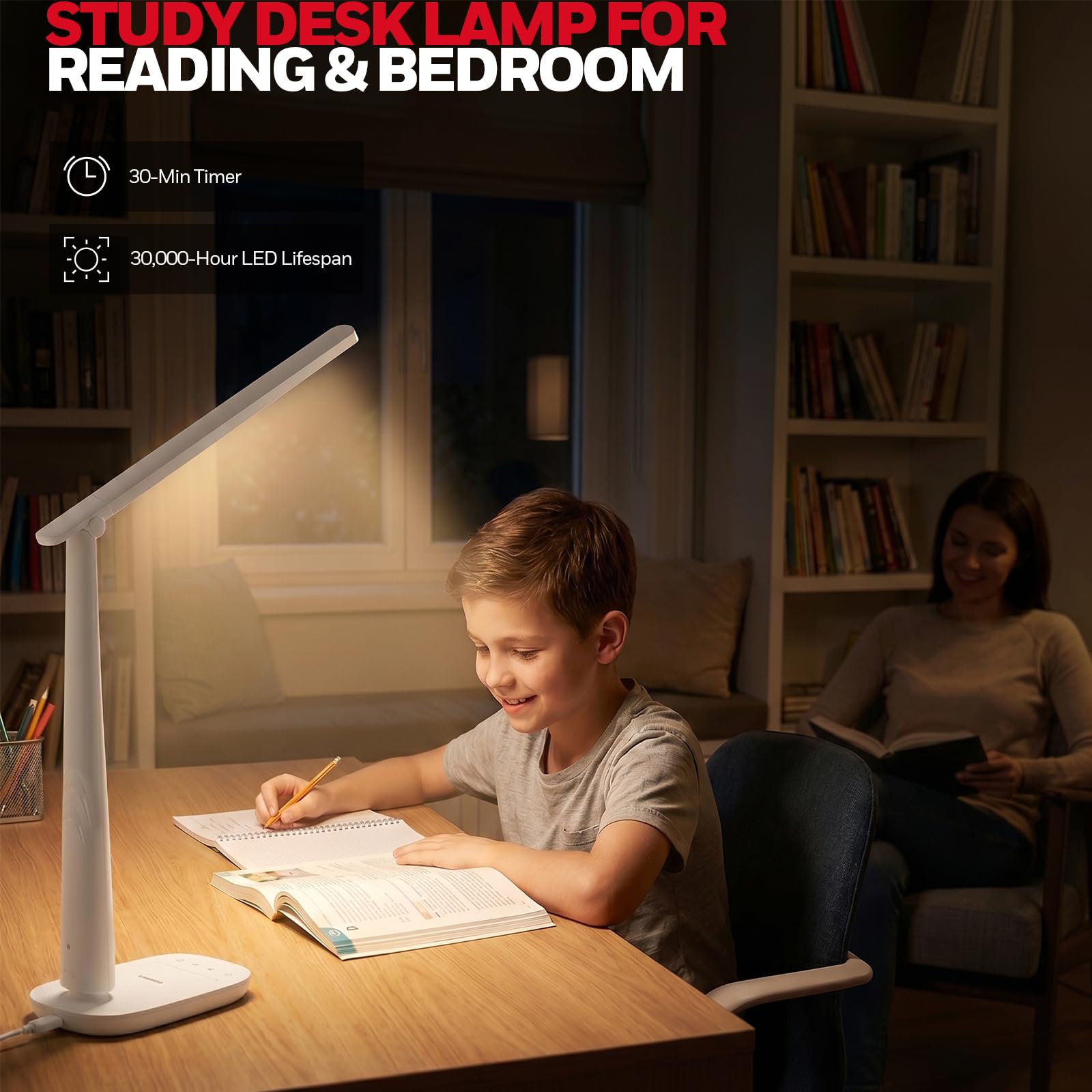 LED Desk Lamp for Home Office, Eye-Caring Dimmable Reading Light with 4 Color Modes, Touch Control, USB-A & USB-C Charging Ports, Adjustable Head, Timer for Bedroom & Small Desks