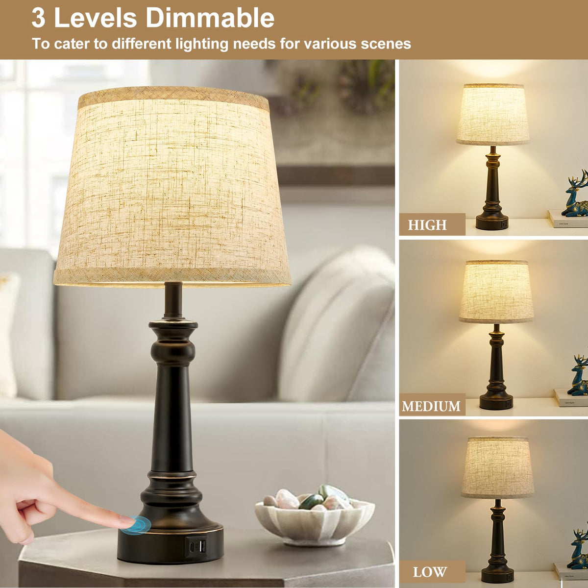 Touch Lamps for Nightstand Set of 2 - Black Table Lamp for Bedroom Dimmable Bedside Lamp with USB C+A Ports - Lamps for Night Stands Living Room End Table,2 LED Bulbs Included