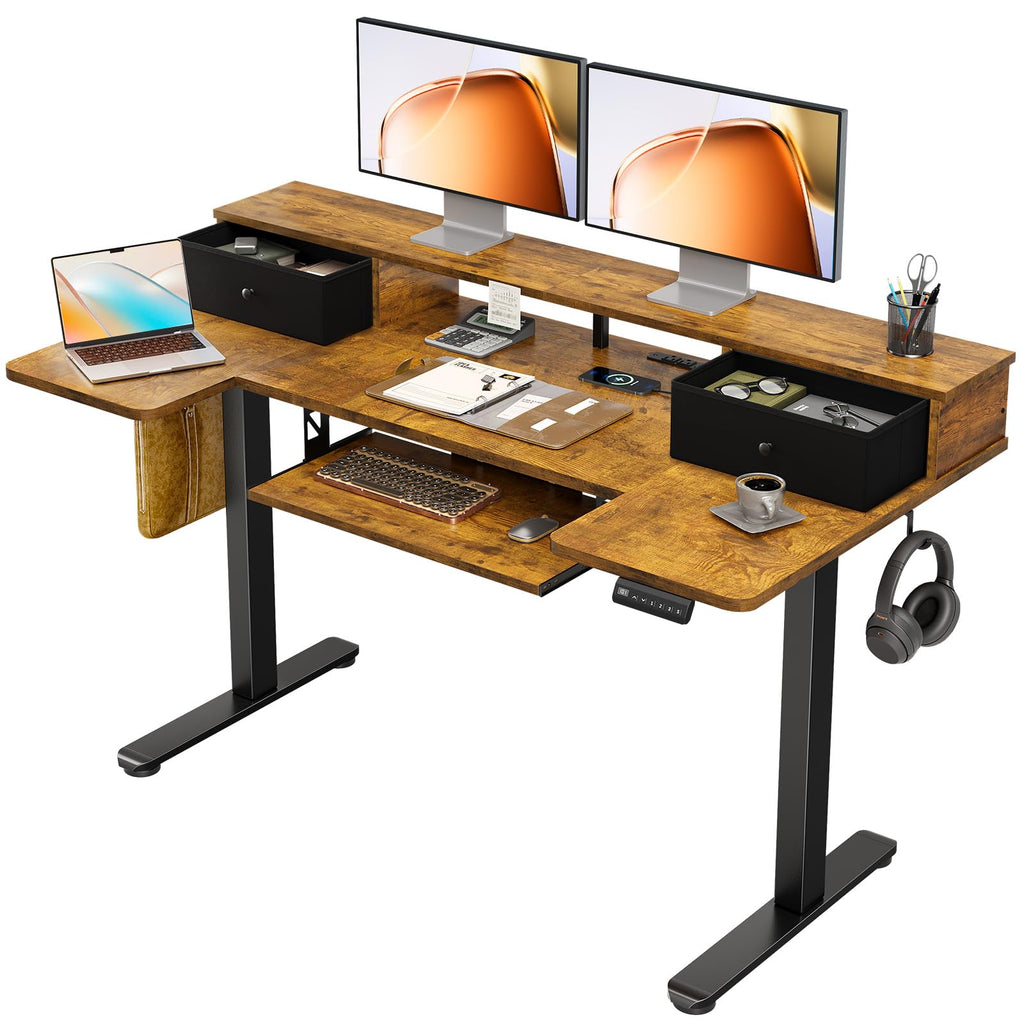 U Shaped Electric Standing Desk with Drawers, 55 Inch Height Adjustable Desk with Keyboard Tray ＆ Ergonomic Monitor Stand, Sit Stand Table with Power Outlets for Home, Office, Rustic Brown