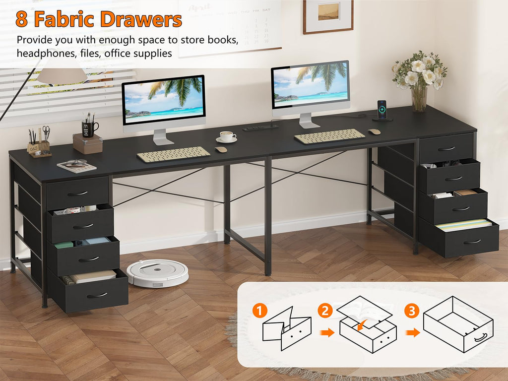 95'' Two Person Desk with 8 Drawers, Long Office Desk with Charging Station, 2 Person Desks Double Desk Writing Study Table for Home Office, Black