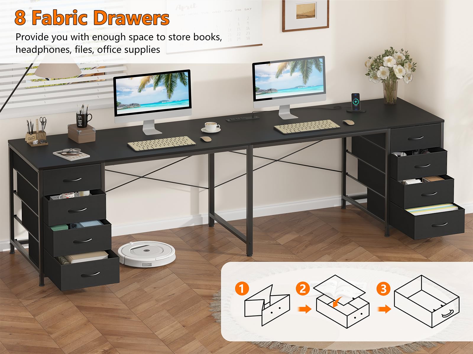 95'' Two Person Desk with 8 Drawers, Long Office Desk with Charging Station, 2 Person Desks Double Desk Writing Study Table for Home Office, Black