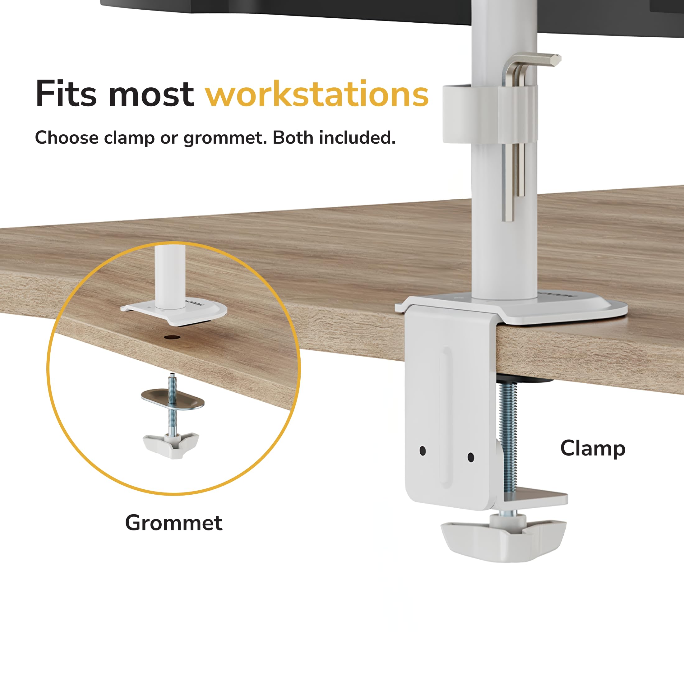 Dual Monitor Mount for Desk, Adjustable Tilt Swivel on Double Monitor Mounts for Screens up to 32”, Dual Monitor Arms for 2 Monitors, VESA 75x75 and 100x100 C-clamp & Grommet in White