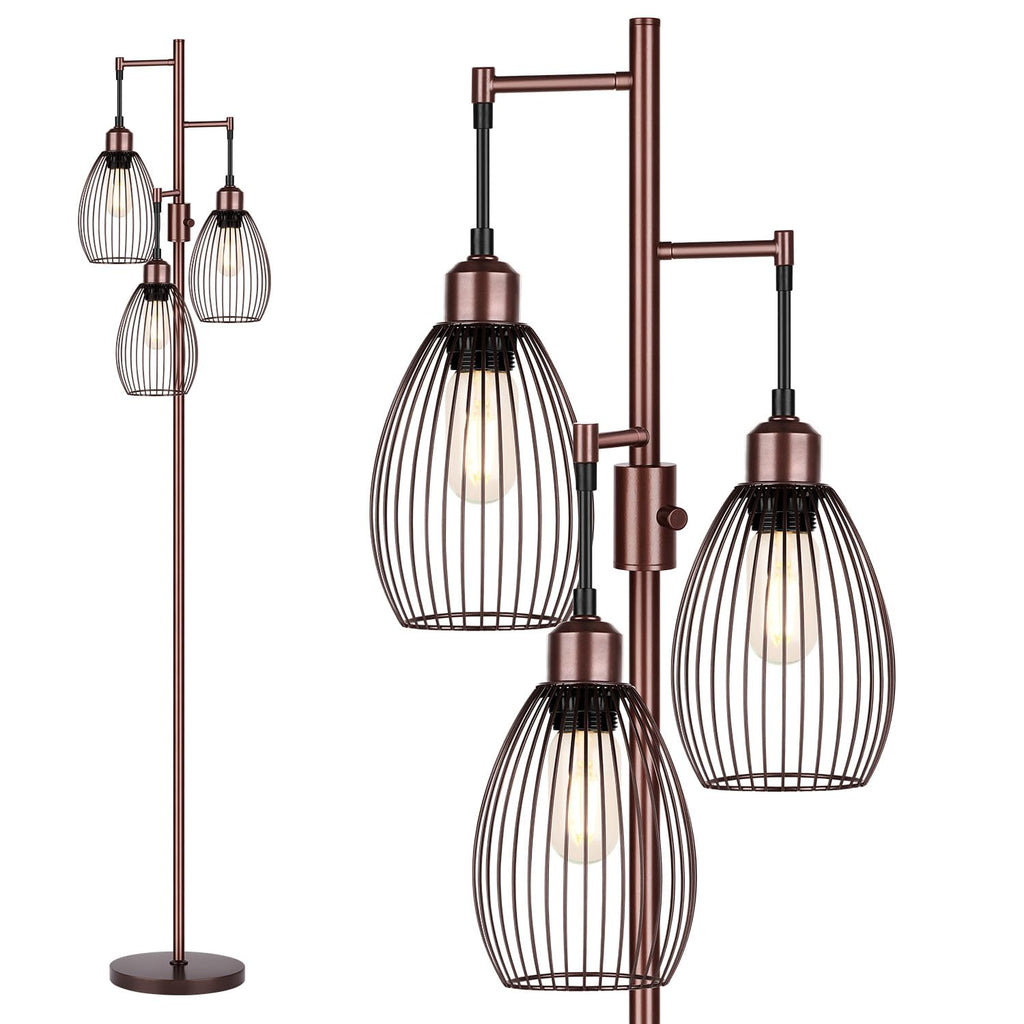 Floor Lamp, 3 x 800LM LED Edison Bulbs Included, Farmhouse Industrial Floor Lamp Standing Lamp with Elegant Teardrop Cage Head Tall Lamp for Living Room Bedroom Office Dining Room - Brown