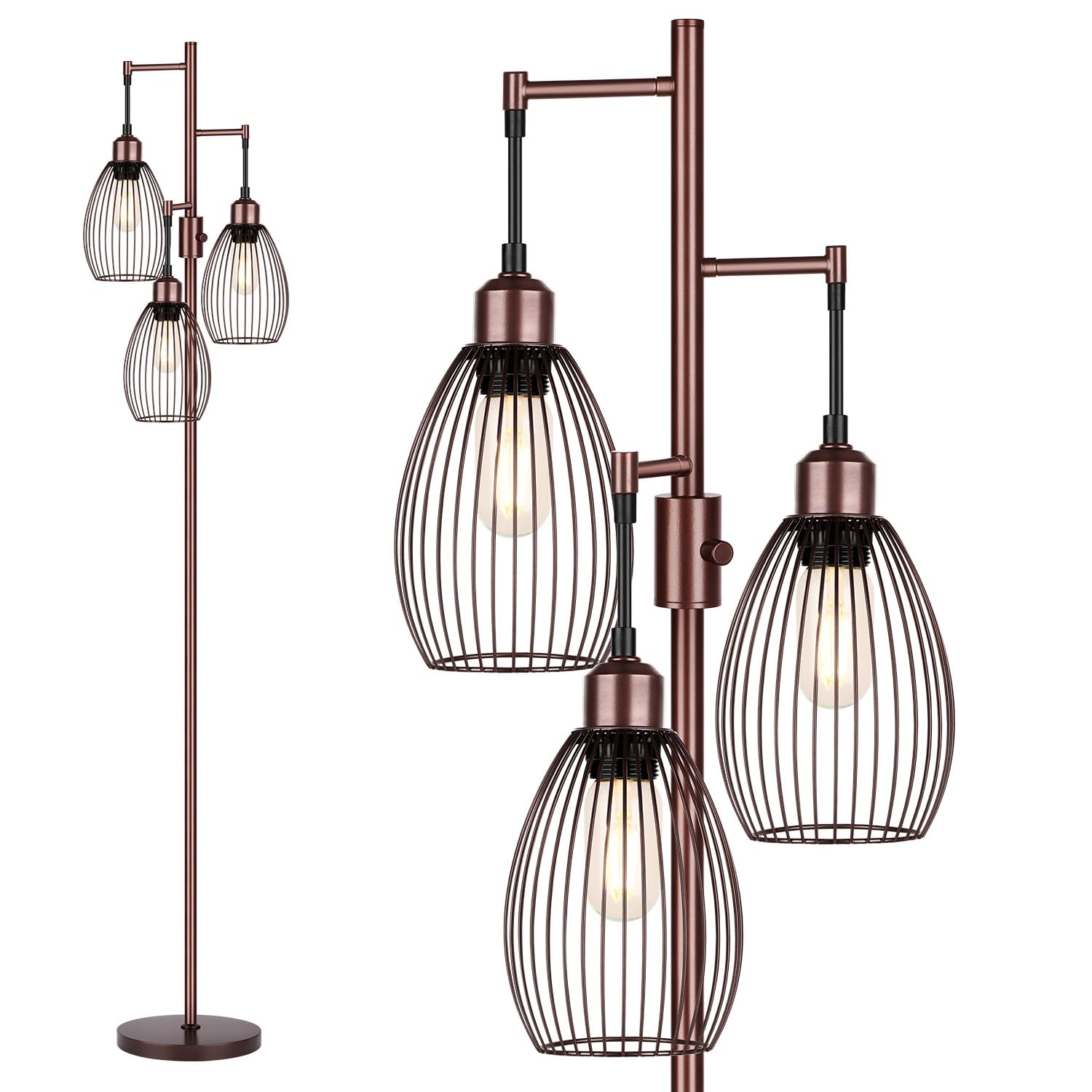 Floor Lamp, 3 x 800LM LED Edison Bulbs Included, Farmhouse Industrial Floor Lamp Standing Lamp with Elegant Teardrop Cage Head Tall Lamp for Living Room Bedroom Office Dining Room - Brown