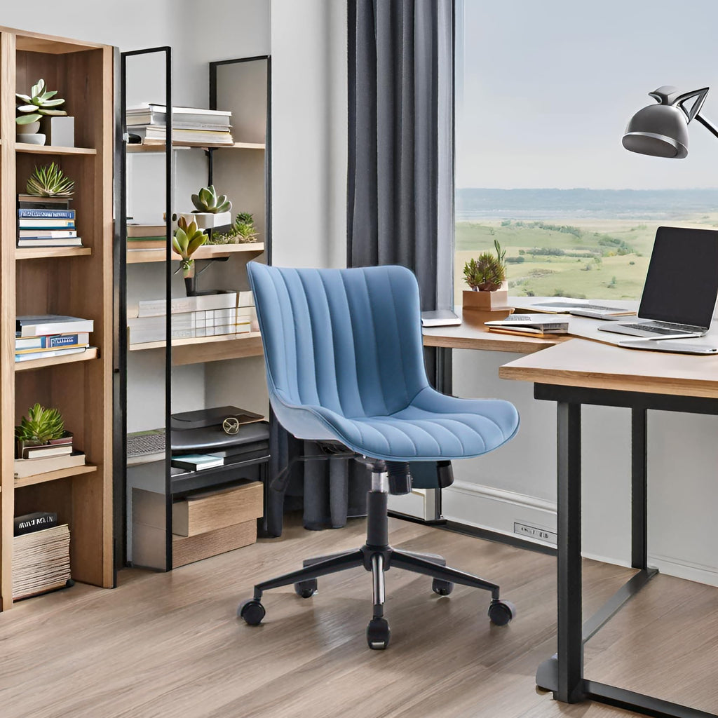 Blue Office Desk Chair with Wheels Comfy Armless Vanity Chair with Back Modern Small Faux Leather Upholstered Rolling Task Chair Cute Computer Drafting Sewing Chair Swivel Adjustable Compact