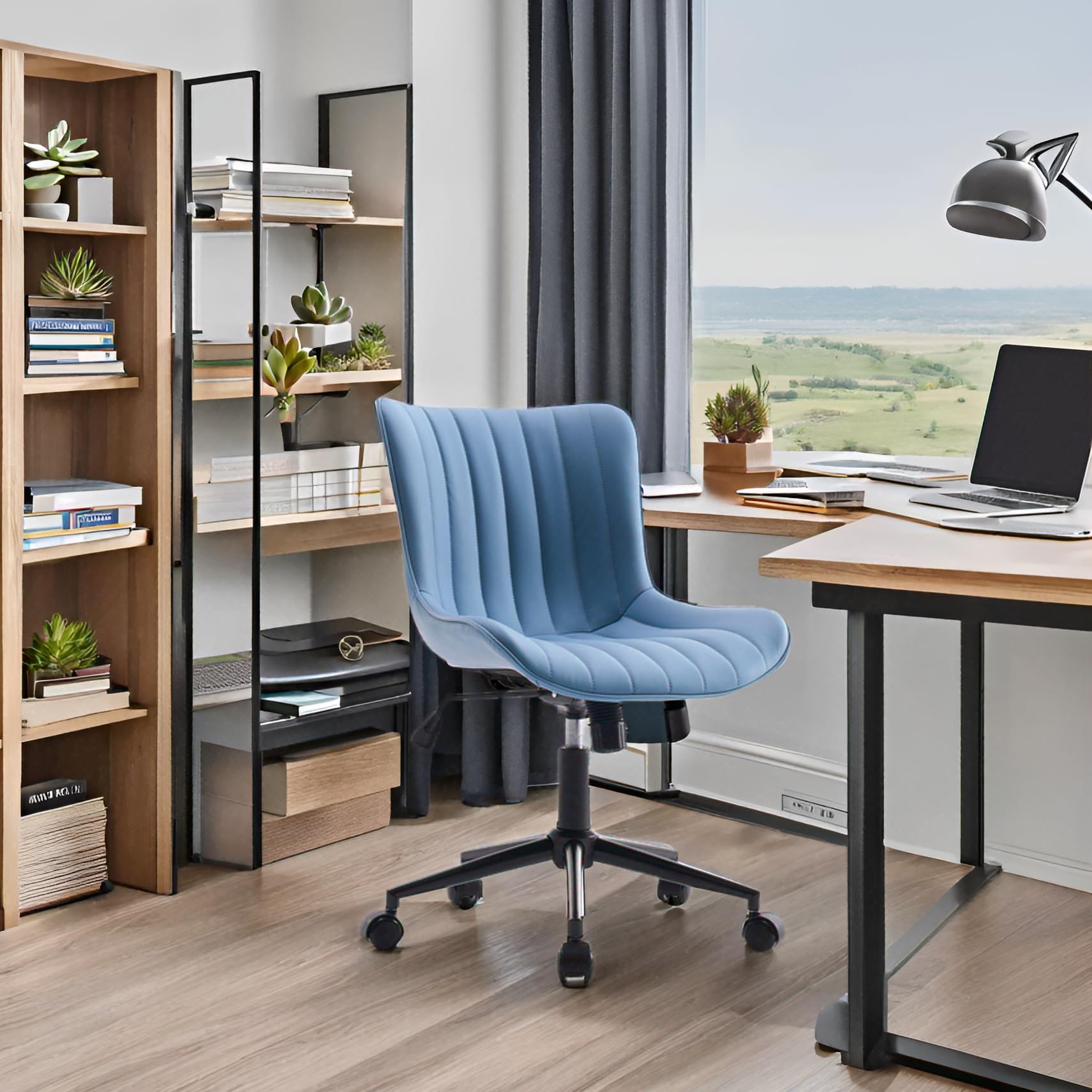 Blue Office Desk Chair with Wheels Comfy Armless Vanity Chair with Back Modern Small Faux Leather Upholstered Rolling Task Chair Cute Computer Drafting Sewing Chair Swivel Adjustable Compact