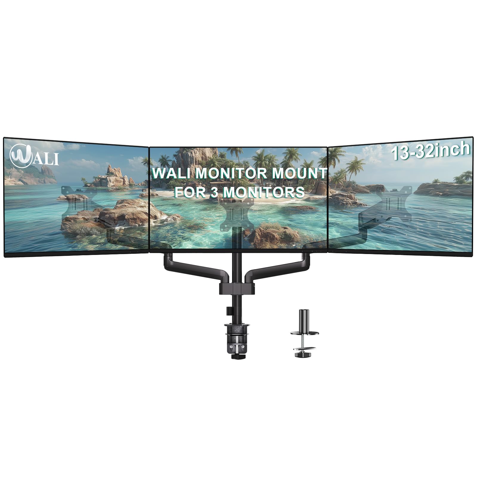 Triple Monitor Mount for 13-32 inch Screens, Adjustable 3 Monitors Desk Mount with Swivel, Tilt, Clamp & Grommet Kit, Triple Monitor Stand for Desk, VESA 75x75/100x100mm (GSDM003), Black