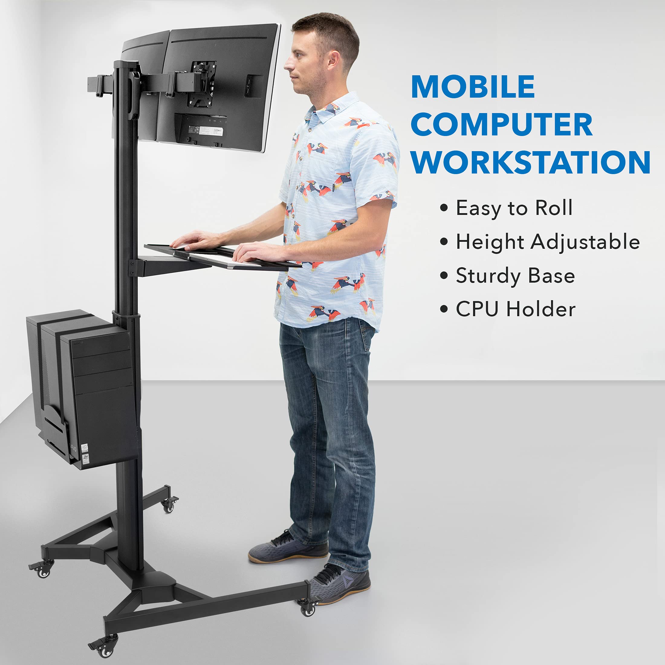 Dual Monitor Computer Cart – Mobile Standing Desk with Wheels, Rolling Workstation with Keyboard Tray, CPU Holder, and Adjustable Screen Mount for Office, Medical, or Warehouse