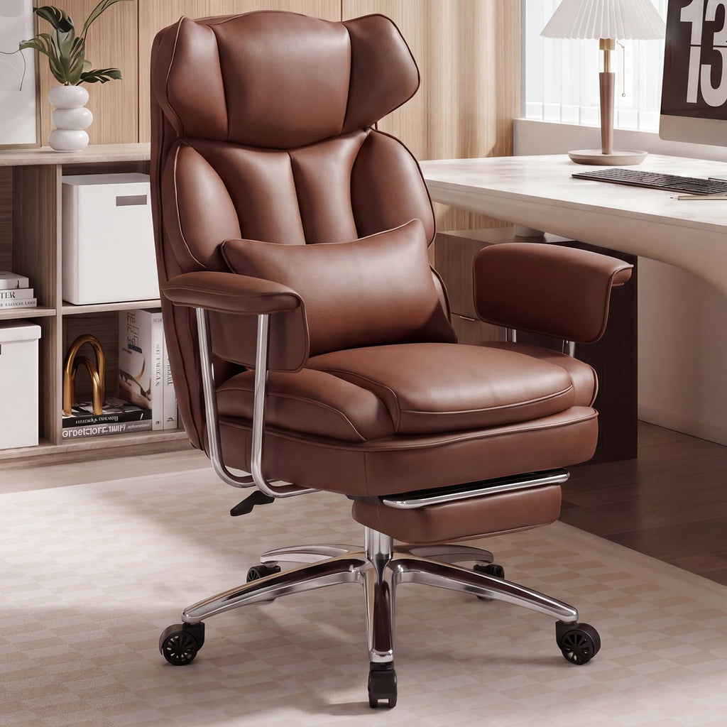 Home Office Desk Chair Comfy with Foot Rest, PU Leather Ergonomic Big and Tall High Back Support, 360° Swivel Wheels, Armrests and Detachable Pillow, Height Adjustable, Brown
