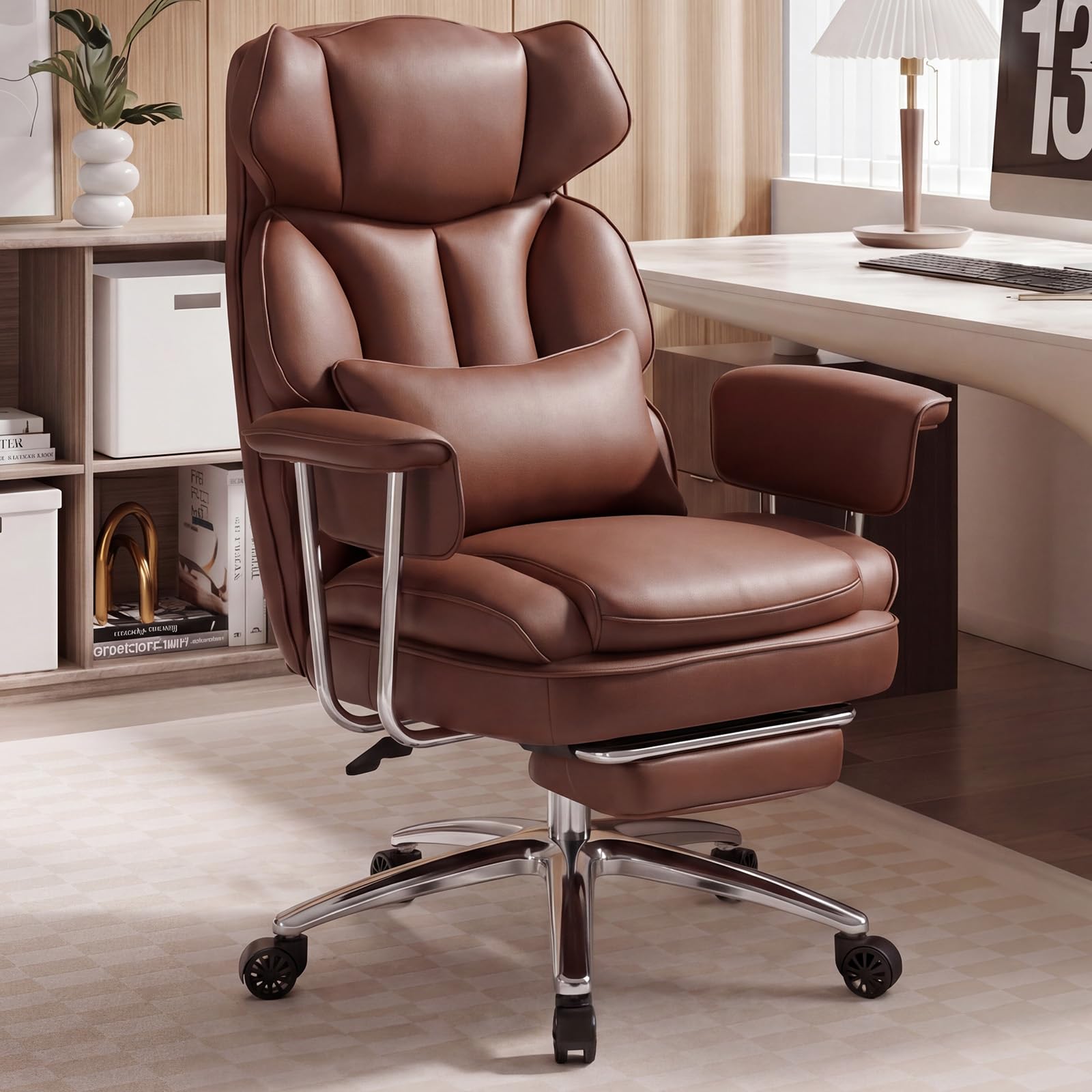 Home Office Desk Chair Comfy with Foot Rest, PU Leather Ergonomic Big and Tall High Back Support, 360° Swivel Wheels, Armrests and Detachable Pillow, Height Adjustable, Brown
