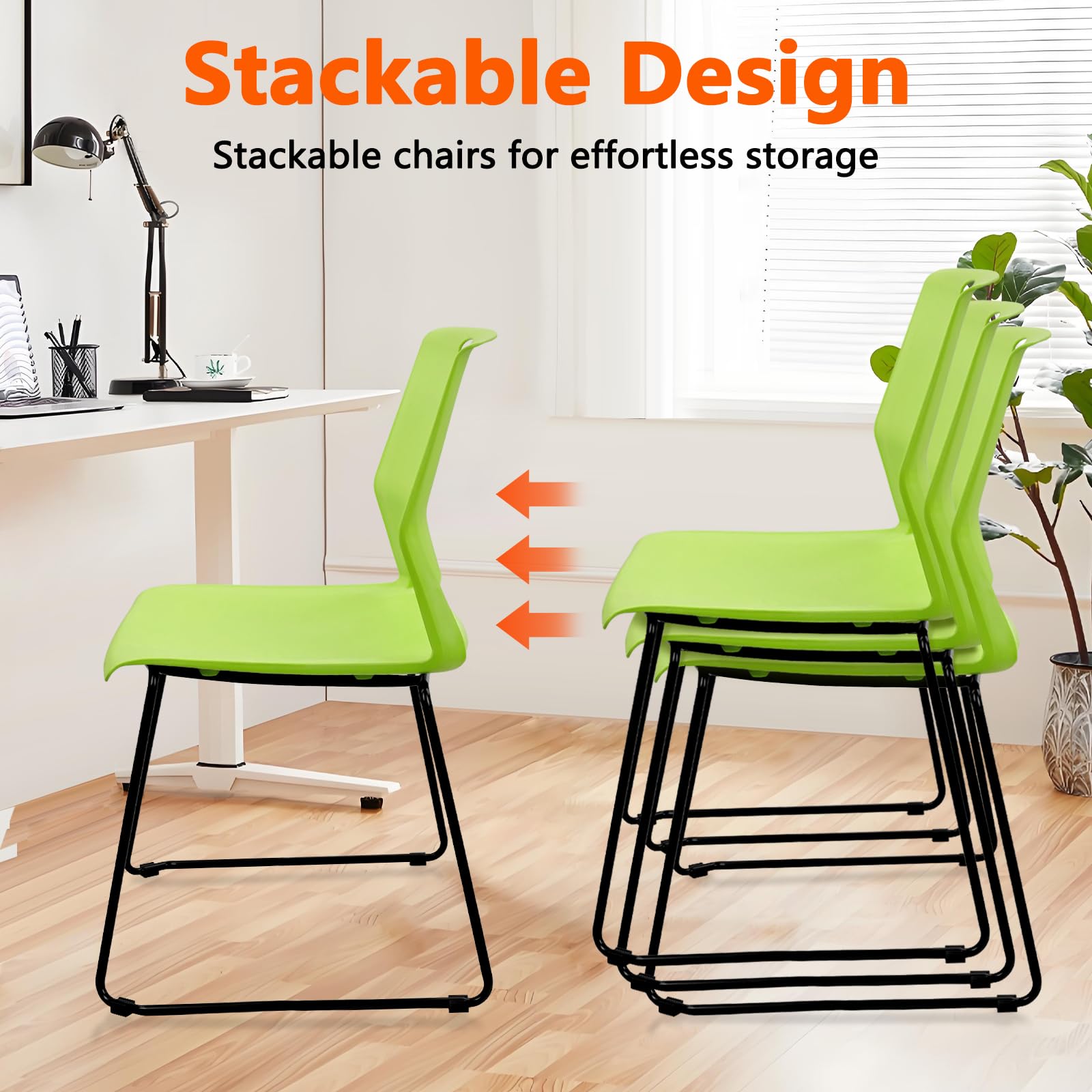 Set of 12, Stackable Guest Reception Chairs, Stacking Office Chair with Ergonomic Lumbar Support & Metal Legs, Plastic Desk Chairs for Conference School Church Waiting Meeting Break Room Set of 12, Green