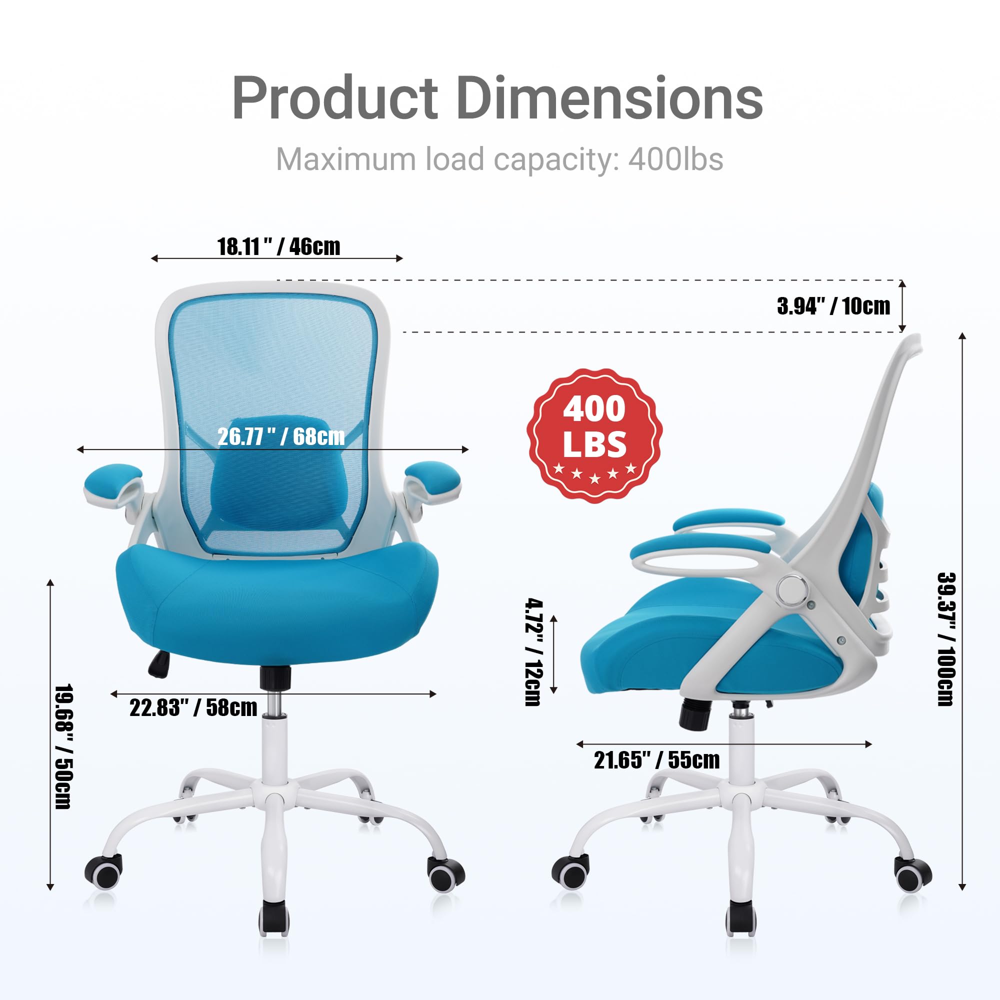 400lbs Heavy Duty Office Chair, 5" Thickened Seat Ergonomic Desk Chair with Adjustable Armrests, Home Office Computer Chairs for Long Hours Mesh Executive Chair(Blue)