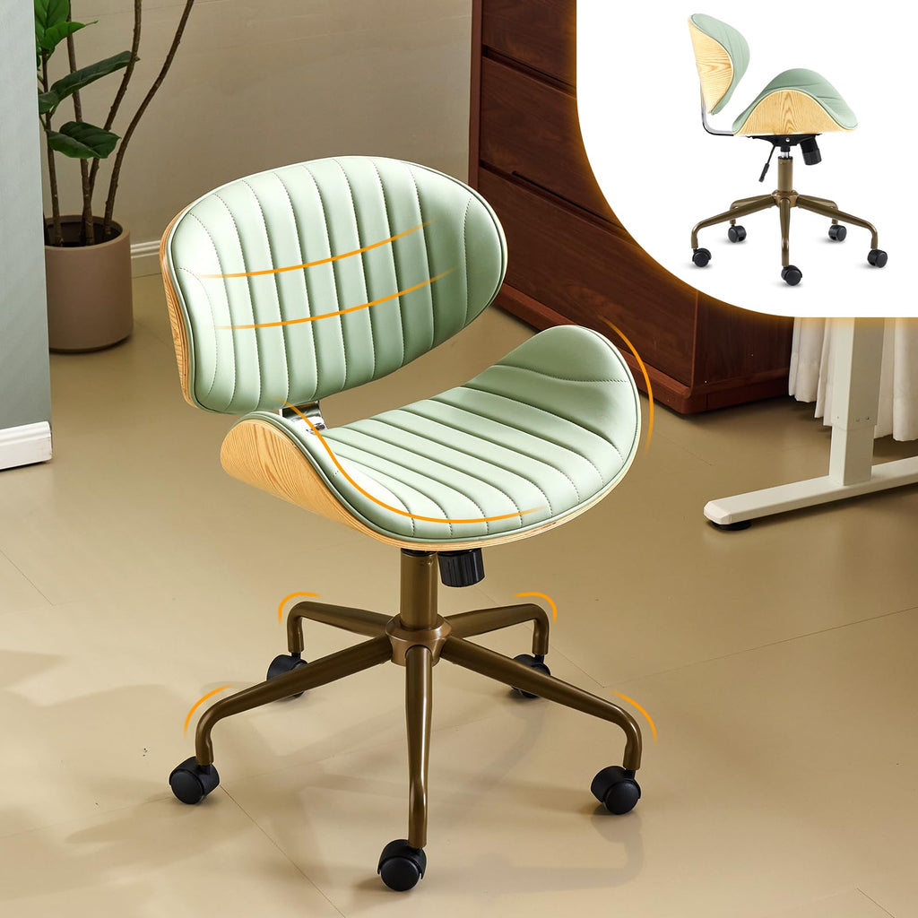 Wide Comfotable Swivel Home Office Chair with Wood-Grain Curved Shell,Ergomomic Mid-Back Padded Armless Rolling Desk Chair with Wheels,Height Adjustable for Computer,Task,Work,PU Leather,Green