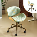 Wide Comfotable Swivel Home Office Chair with Wood-Grain Curved Shell,Ergomomic Mid-Back Padded Armless Rolling Desk Chair with Wheels,Height Adjustable for Computer,Task,Work,PU Leather,Green