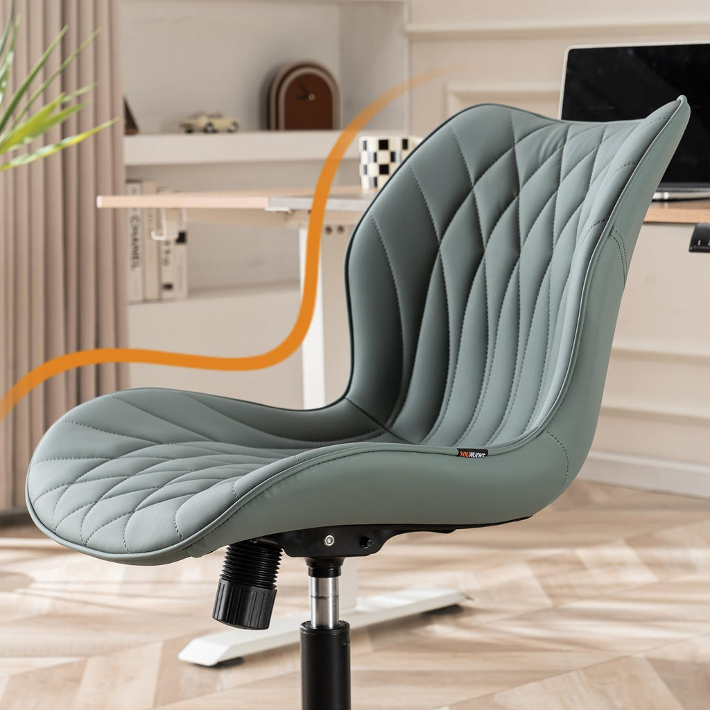 Armless Desk Chair Comfy Office Chair with Wheels Home Ergonomic Task Chair Adjustable Computer Chairs Modern Faux Leather Swivel Chair Upholstered Makeup Vanity Chair(Grayish Green)