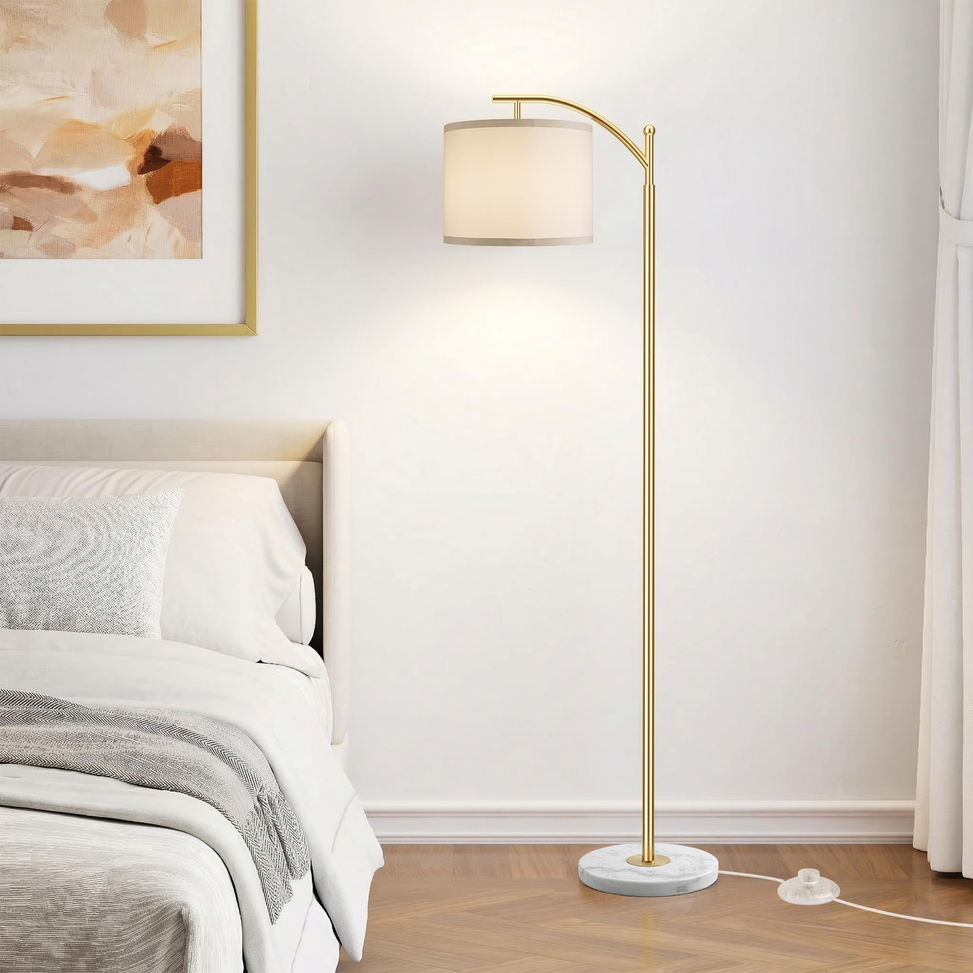 Gold Floor Lamp for Living Room with Marble Base, Modern Standing Lamp with 3 Color Temperatures Bulb & Adjustable Linen Shade, Tall Lamp for Bedroom Office Reading Nursery