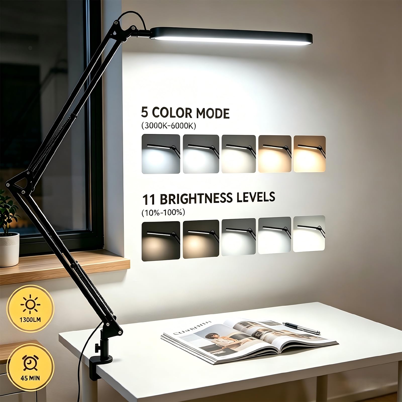 Desk Lamp for Office, Eye Comfortable LED Desk Light for Long Hours, Adjustable Swing Arm with Memory Function, Black