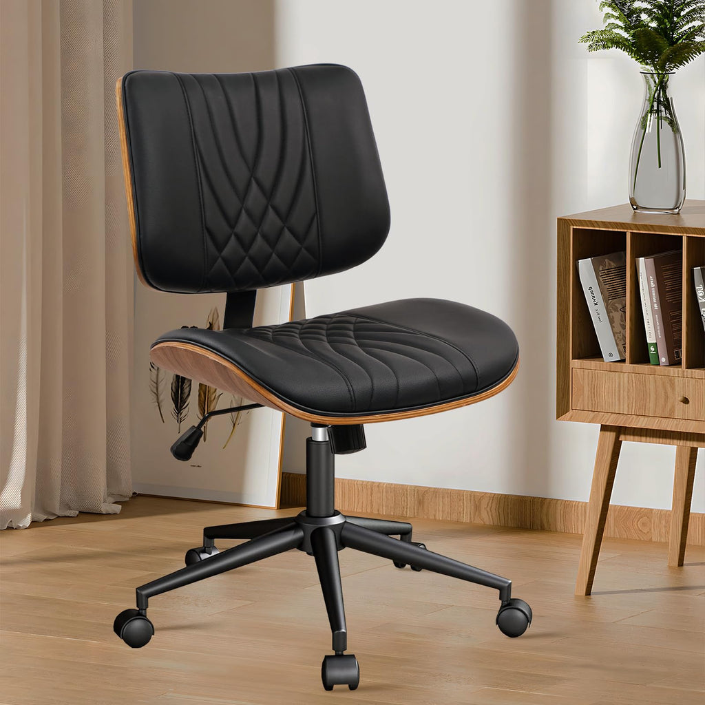 Armless Home Office Chair, Desk Chair with Wheels, Adjustable Height Reading Chair, Leather Mid Back & Swivel Computer Chair, Modern Walnut Chairs with Back for Study Meeting Room(Black) 2Pack