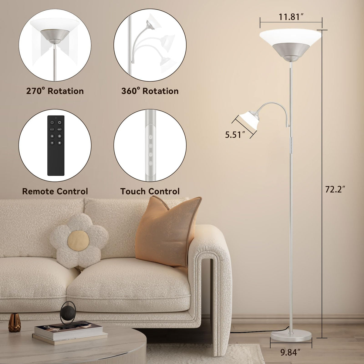 2-in-1 Torchiere Floor Lamp, 34W Super Bright LED Standing Lamp with Remote & Touch Control, 72" Dimmable Adjustable Corner Reading Lamp for Living Room, Bedroom, Office, Silver