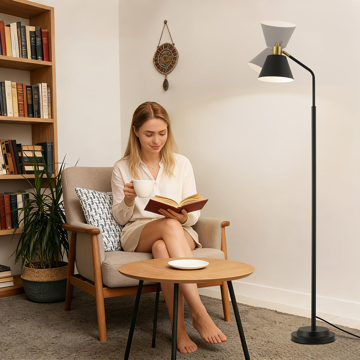 Upgraded Double-Base Black Floor Lamp, Adjustable Lamp Head-65.3"