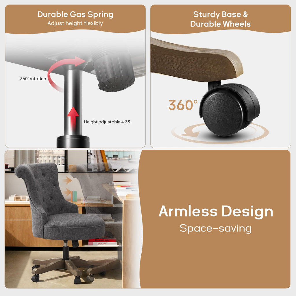 Home Office Chair Upholstered Armless Desk Chair with Wheels Adjustable Height Computer Desk Chair with Wooden Legs Linen Fabric Comfortable Swivel Chairs for Home Office Study Studio (Grey)