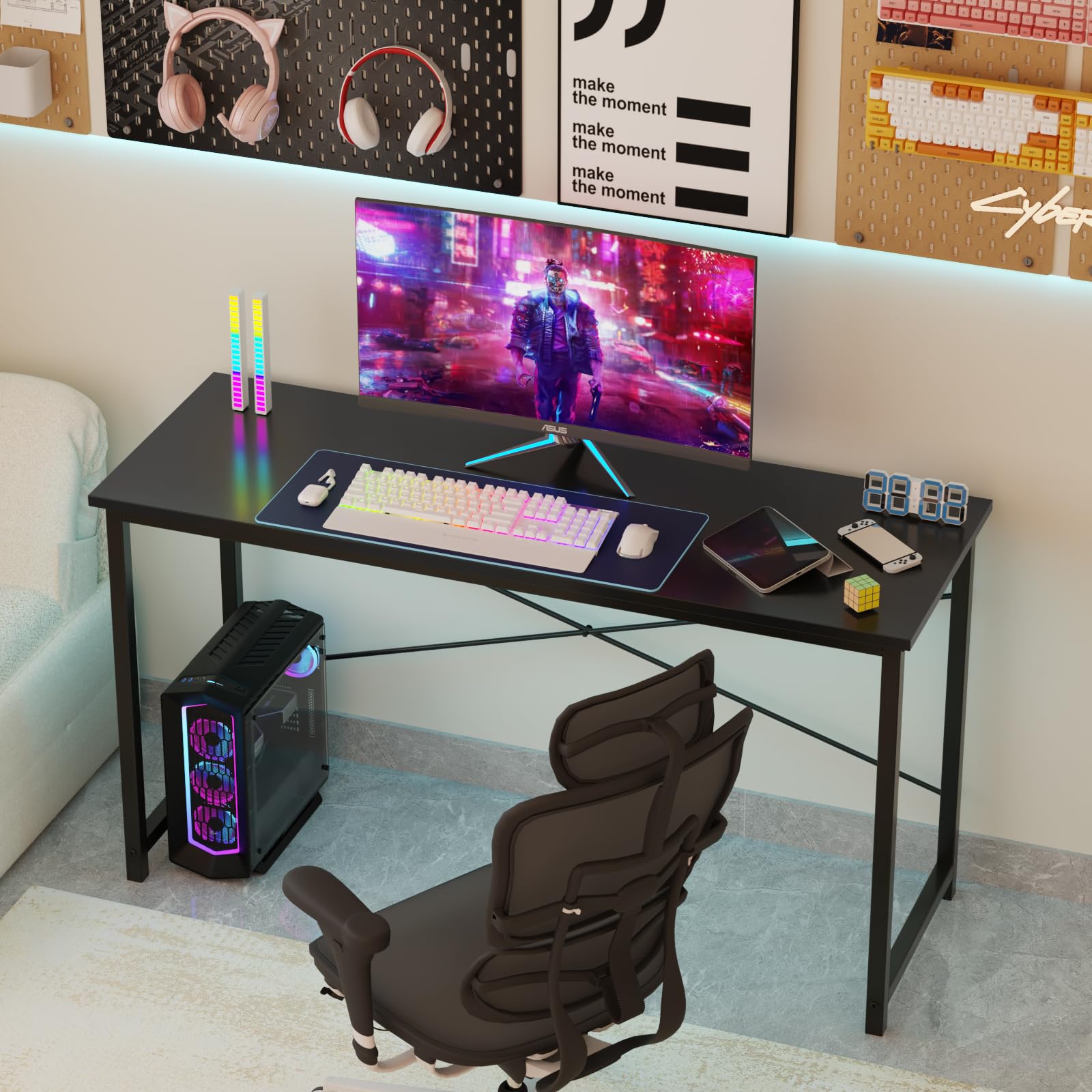 Computer Office Desk 48 Inch Student Study Writing Work with Metal Frame Wood Tabletop Modern Simple PC Home Bedroom Table - Basic Black, Compact Sturdy Desk for Laptop, Study, Gaming