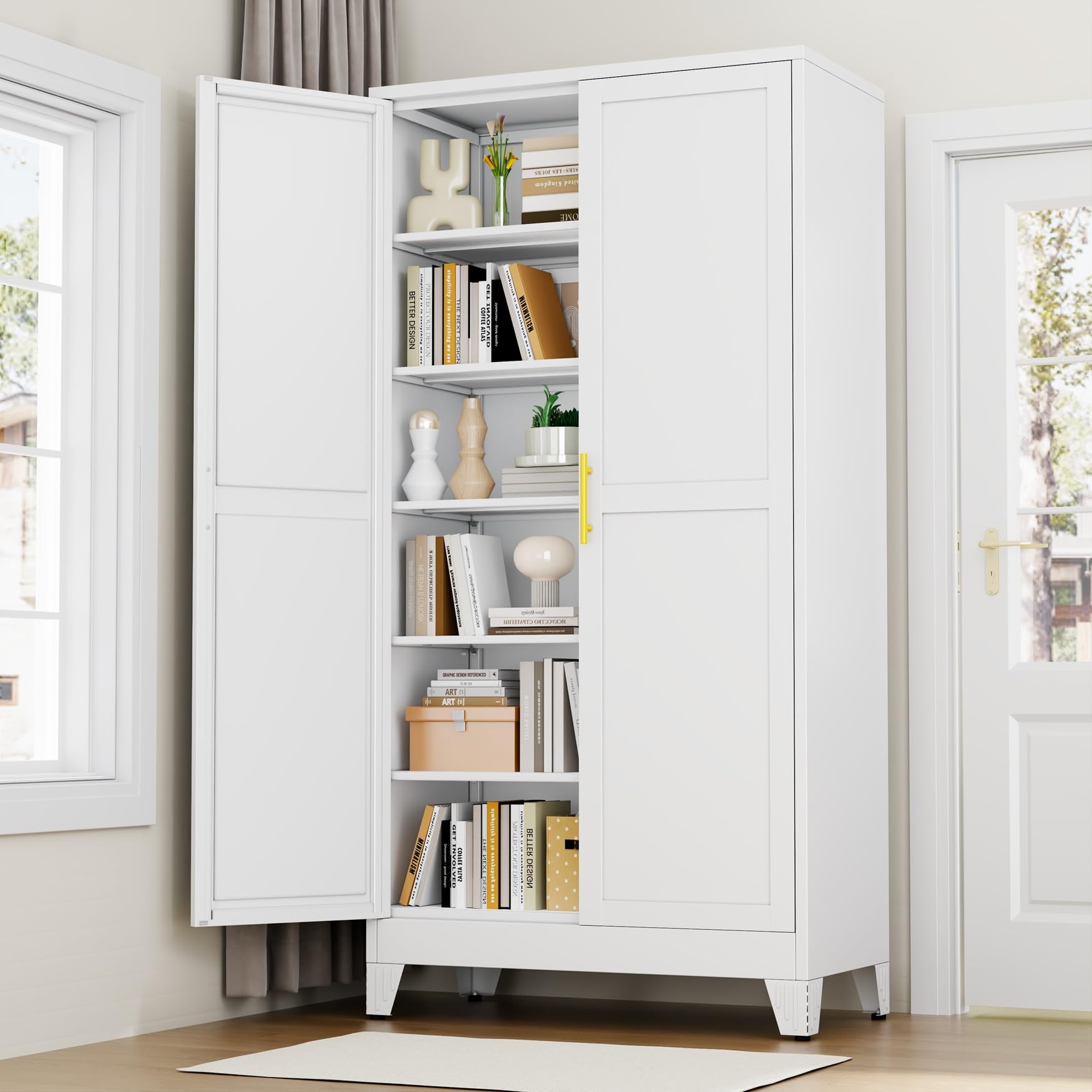 White Metal Storage Cabinet, 79" Pantry Cabinets for Office