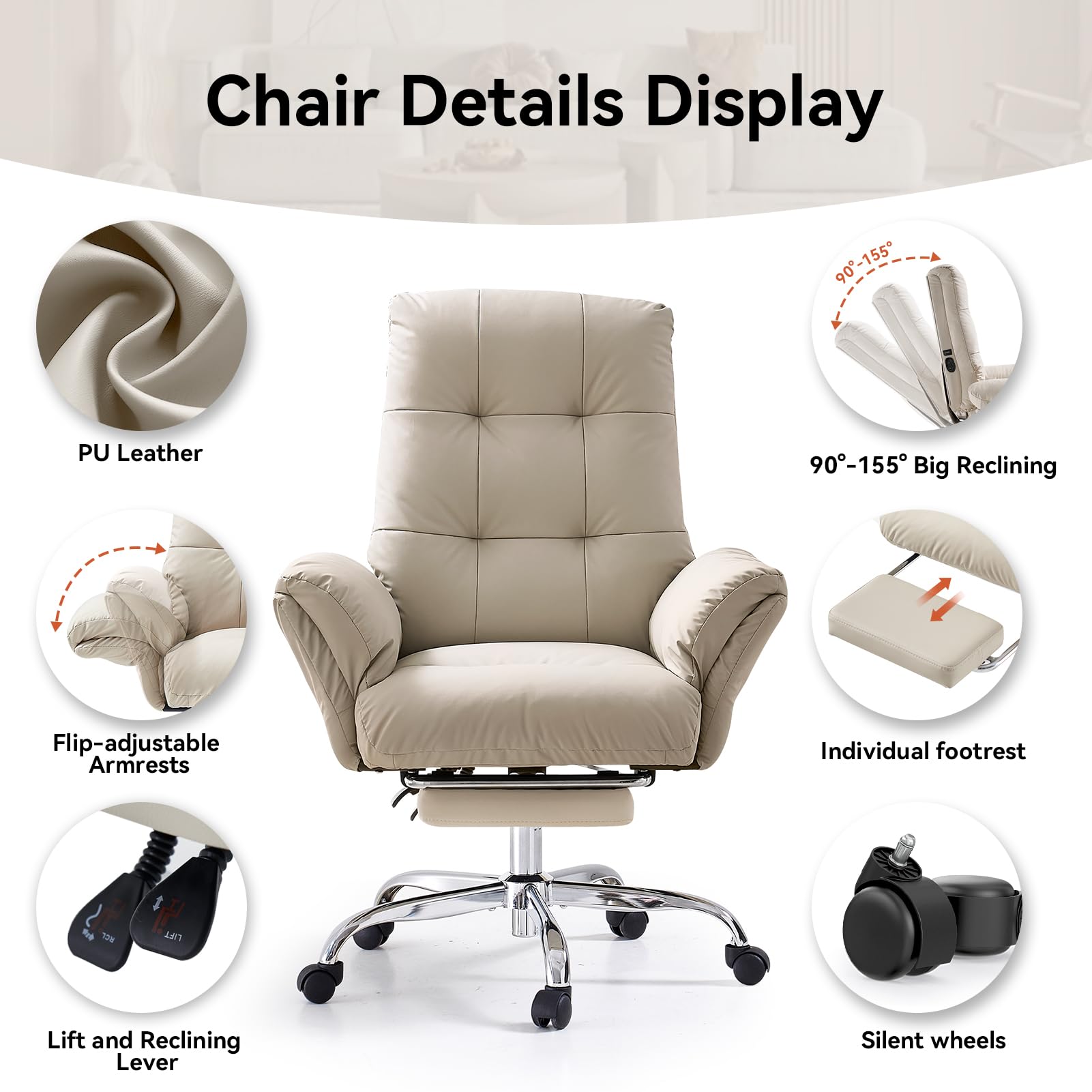Heated and Massage Office Chair with Foot Rest Criss Cross Chair with Wheels and Flip-up Arms Reclining Desk Chair Comfy Wide Seat PU Leather Rolling Computer Home Office Chair (Beige)