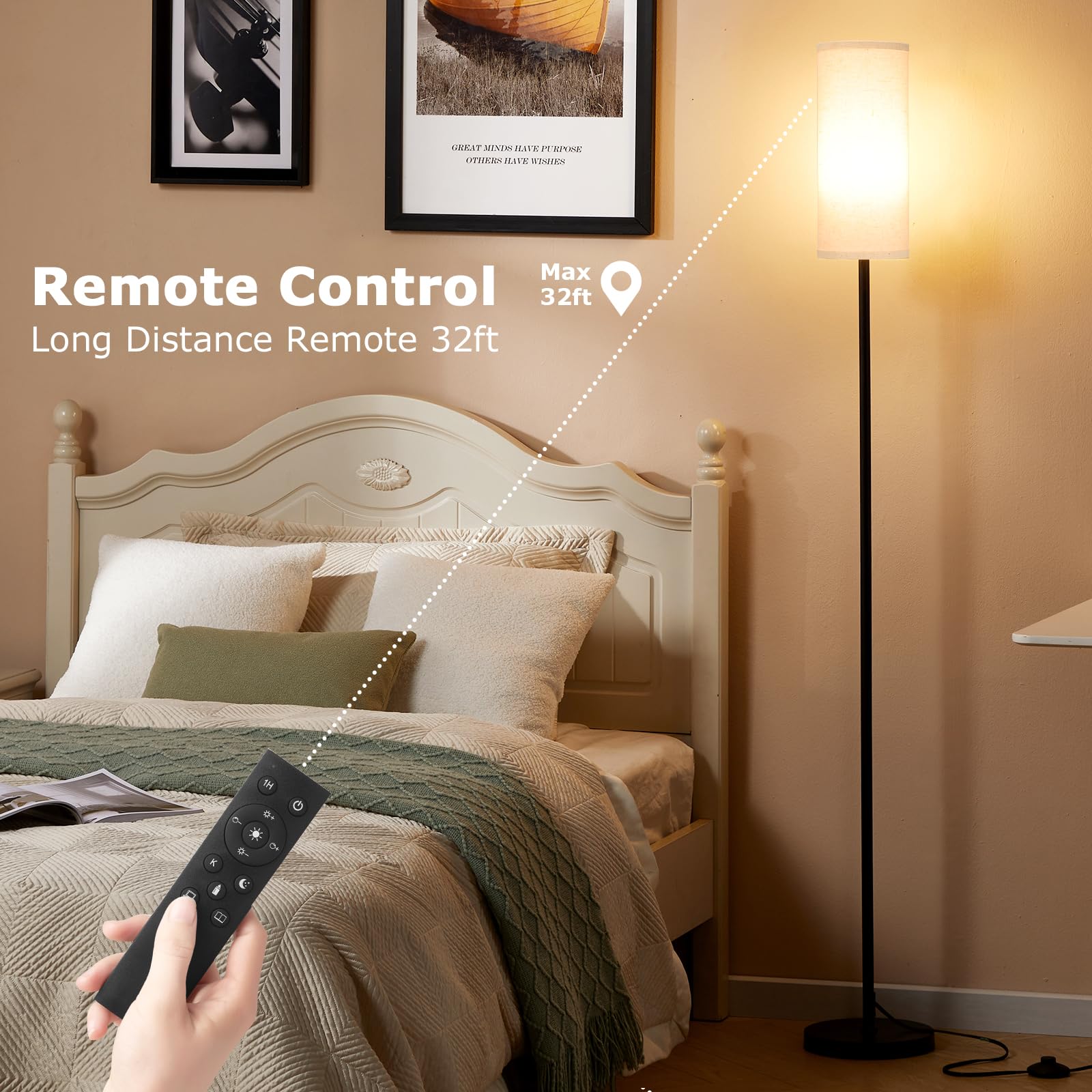 64'' Floor Lamps for Living Room with Remote Control and Stepless Dimmable Colors Temperature & Brightness, 9W Bulb Included(Beige Lampshade & Black Pole)