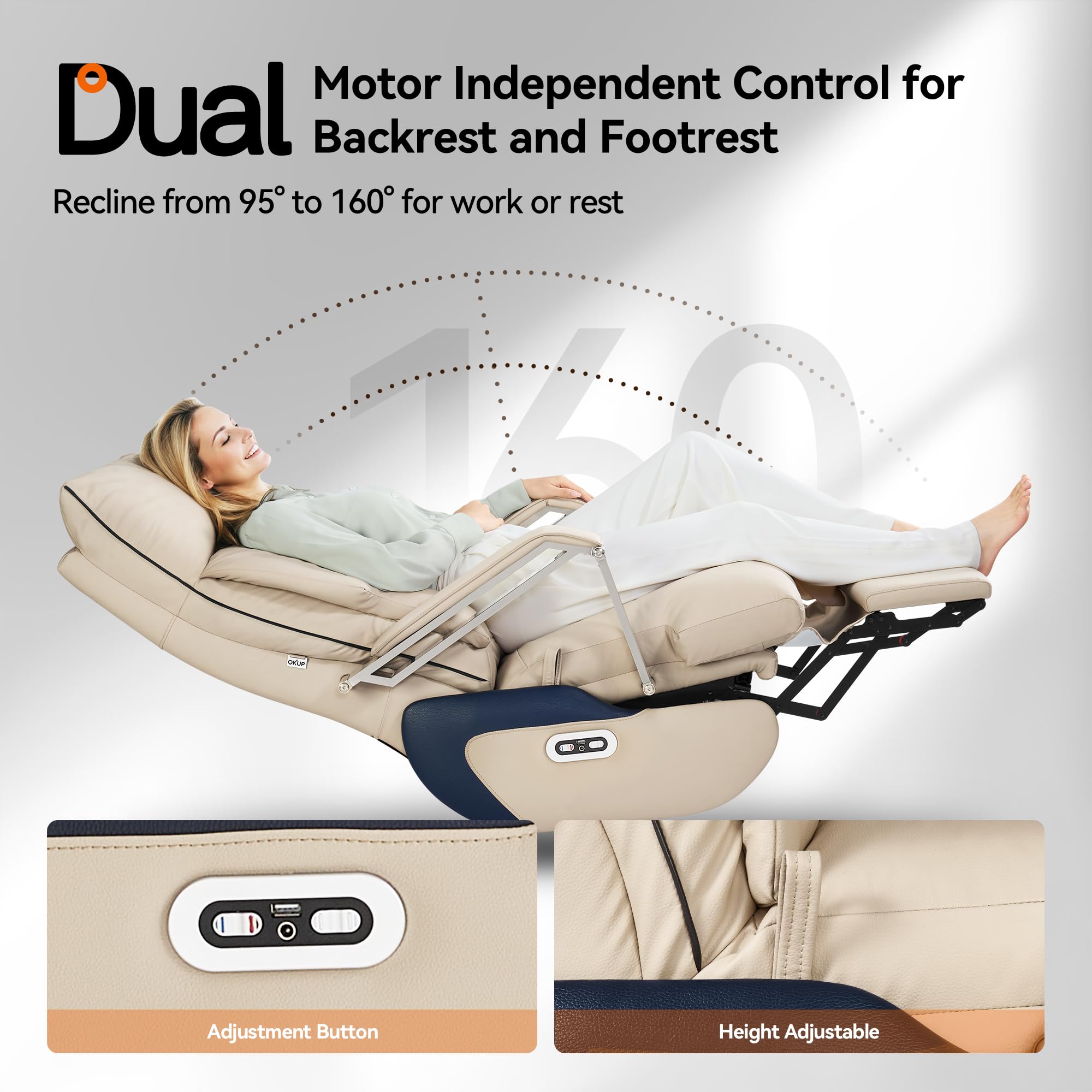 Dual Motor Electric Executive Office Chair with Footrest, Comfortable Reclining Office Chair Wide Seat, Big and Tall Ergonomic Leather Home Office Desk Chair (Beige,No Massage)