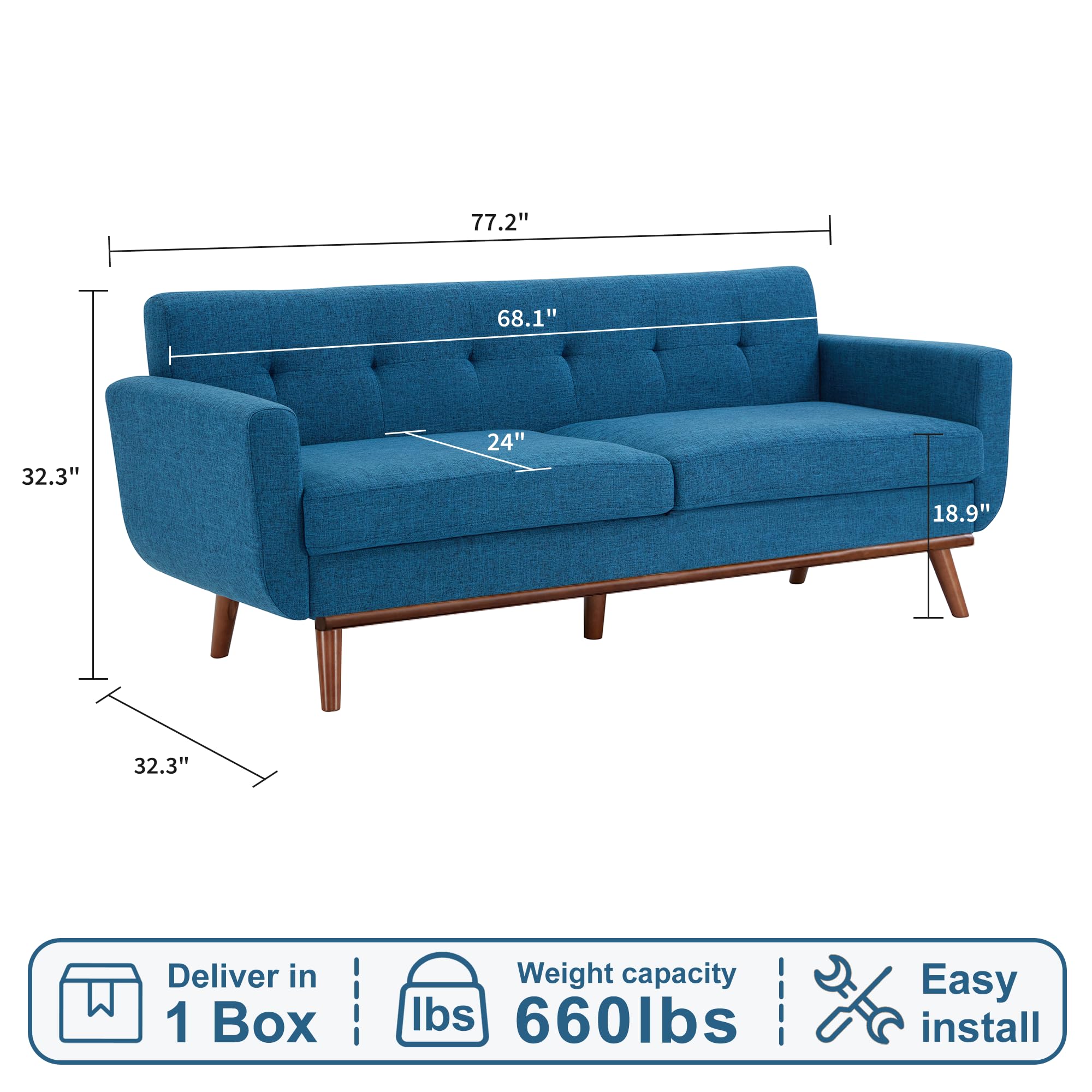 77.2" W Loveseat Sofa, Solid & Easy to Install Small Couch for Bedroom Office Apartment, Blue