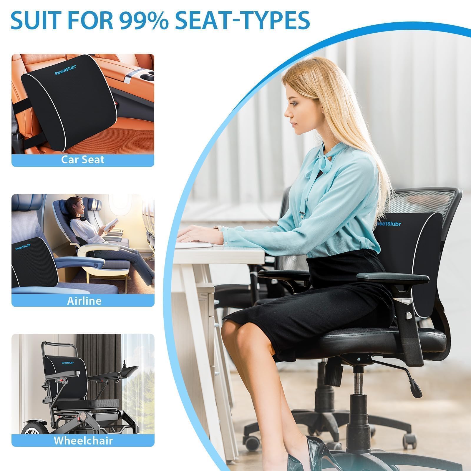 Lumbar Support Pillow for Office Chair, Car & Gaming Chair, Ergonomic Memory Foam Cushion for Back Comfort, Zoned Back Support, Double Adjustable Straps, Breathable Washable Cover, Black