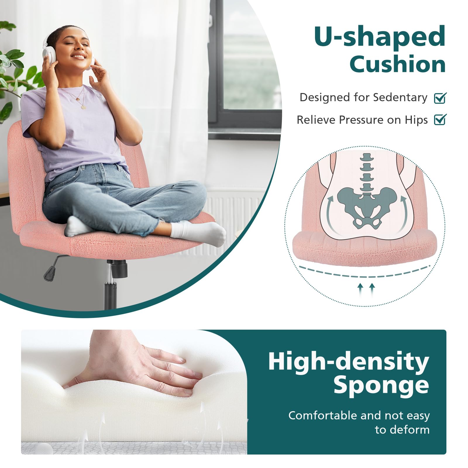 Criss Cross Chairs Legged Armless No Wheels Wide Seat Height Adjustable Swivel Rolling Padded Furry Cute Home Office Desk Seating for Bedroom, Student, Study Room