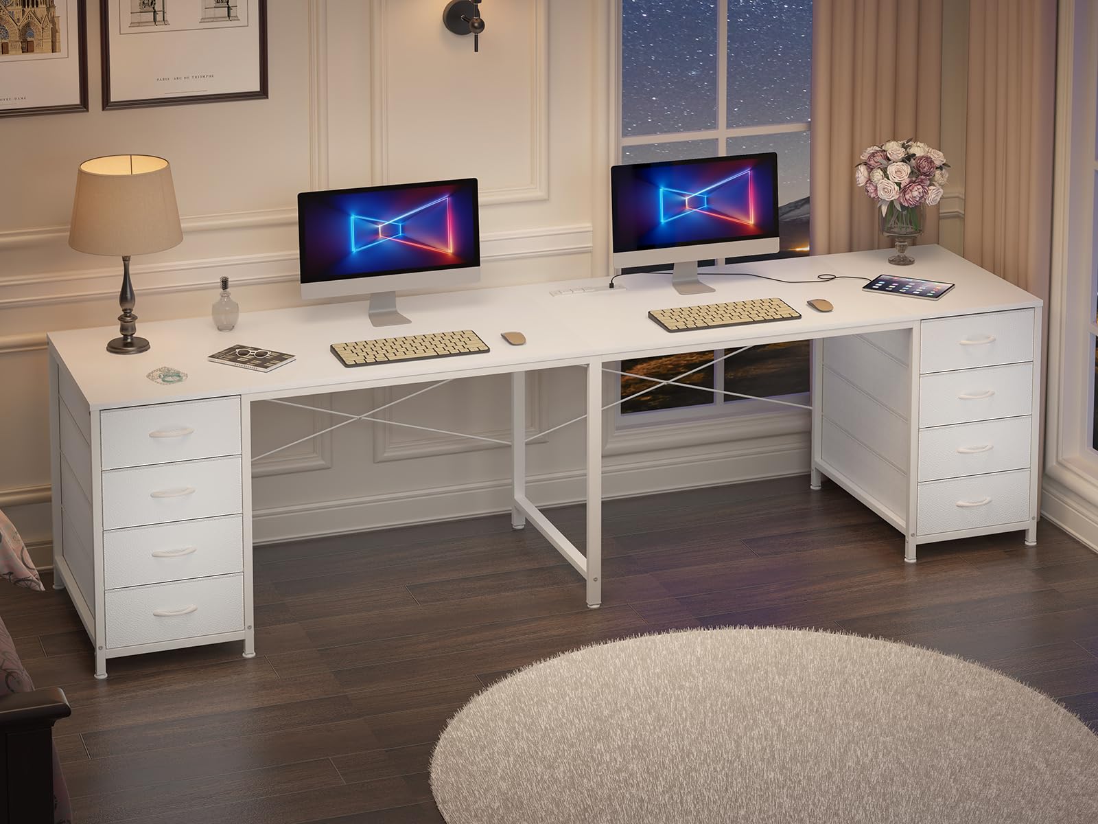 95'' Two Person Desk with 8 Drawers, Long Computer Desk with Charging Station, 2 Person Desks Double Desk Writing Study Table for Home Office, White