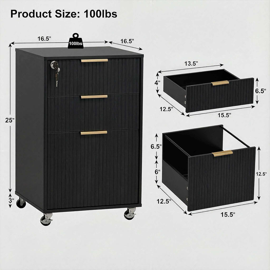 3 Drawers Fluted Mobile File Cabinet with Lock, Rolling File Cabinet Printer Stand Table, Under Desk Wooden Filing Cabinets for Home Office Essentials Storage Organization Furniture Letters/A4(Black)