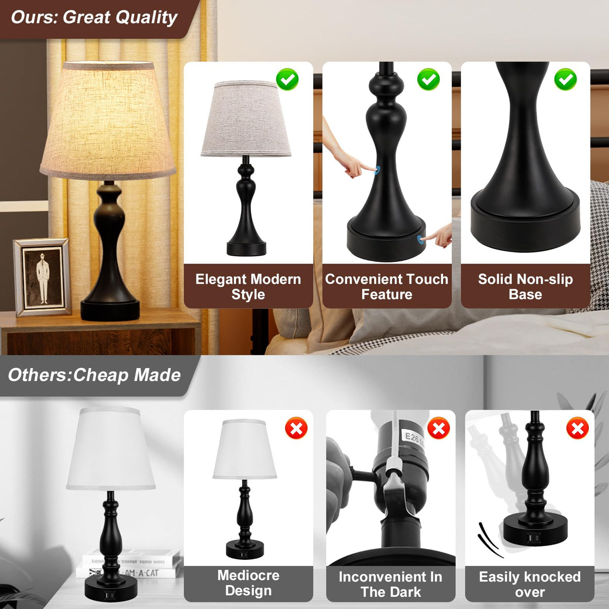 Touch Lamps for Nightstand, 3 Way Dimmable Bedside Lamps with USB C+A Ports
