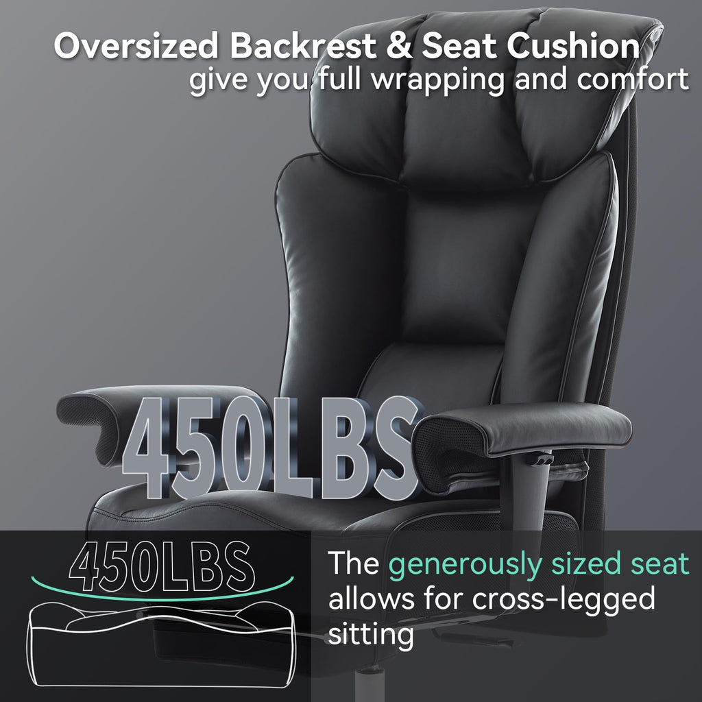 Big and Tall Office Chair with Footrest, 450lbs High Back Executive Chair with Spring Cushion, PU Leather Upholstery, Padded Armrests, Swivel Base, and Rolling Wheels – Black Computer Chair