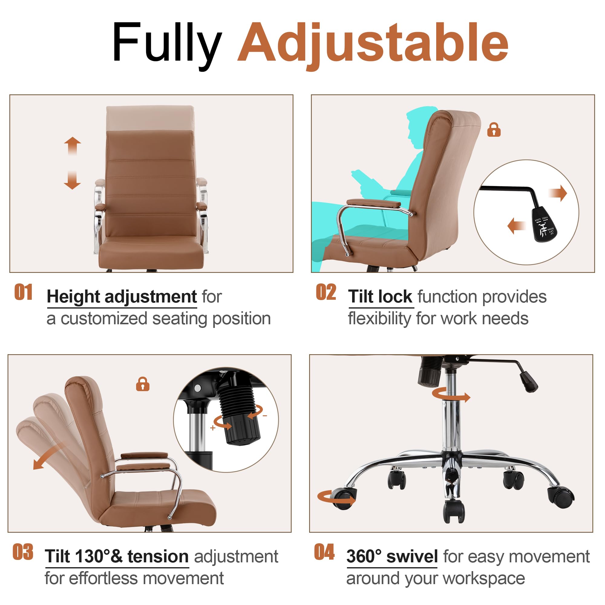 Modern Office Desk Chair, Conference Room Chairs, High Back Ergonomic Home ofiice Chair, Adjustable Height Swivel Executive Computer Chair with Padded Seat and Armrest (Brown)
