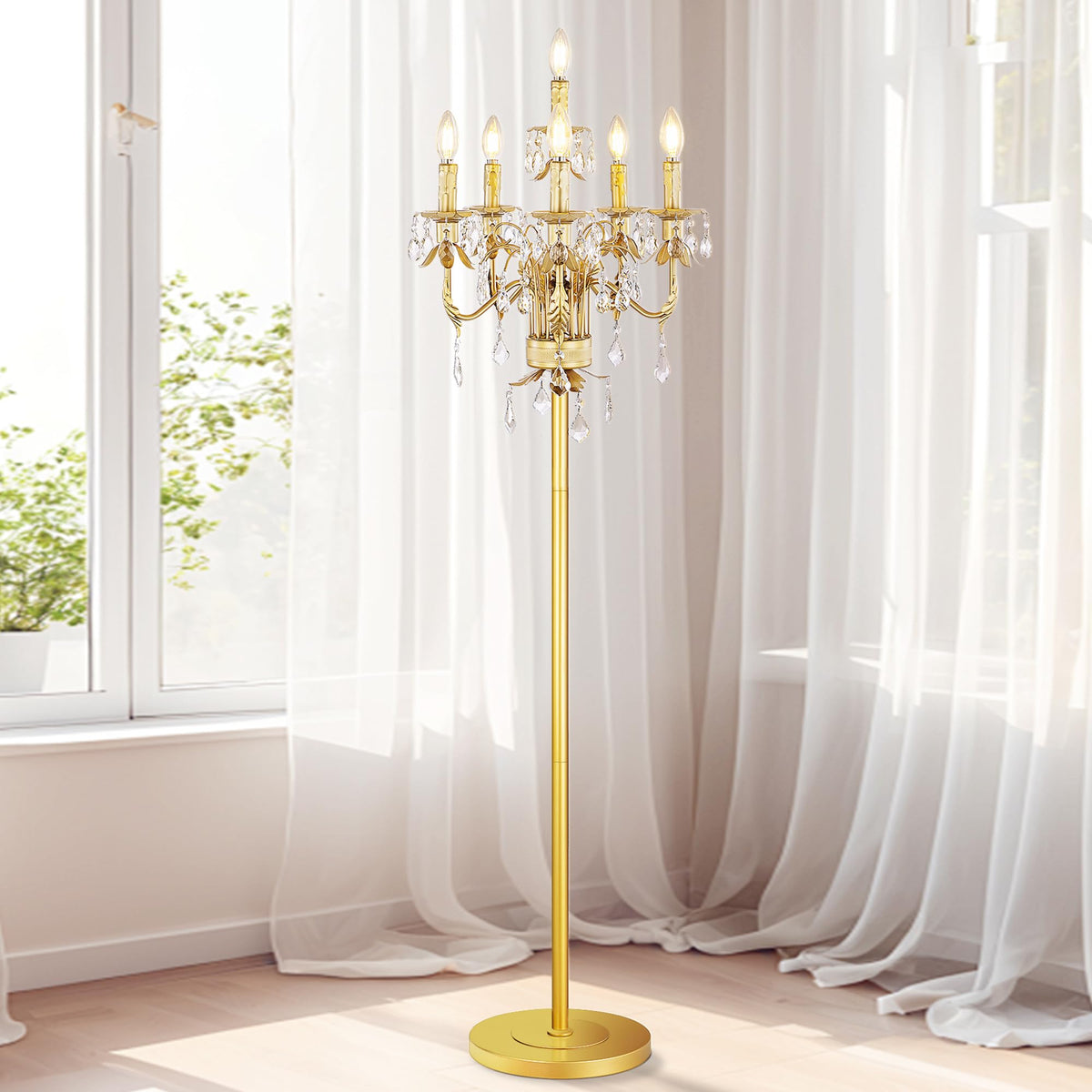 Gold Crystal Floor Lamp, Tall Vintage Standing Living Room Lamp