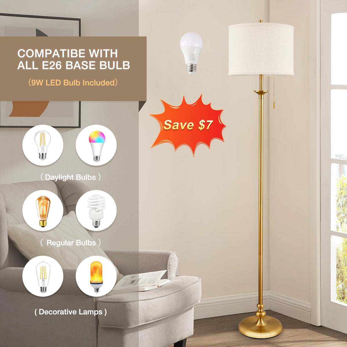 60" Gold Floor Lamp, Floor Lamps for Living Room with Fabric Shade