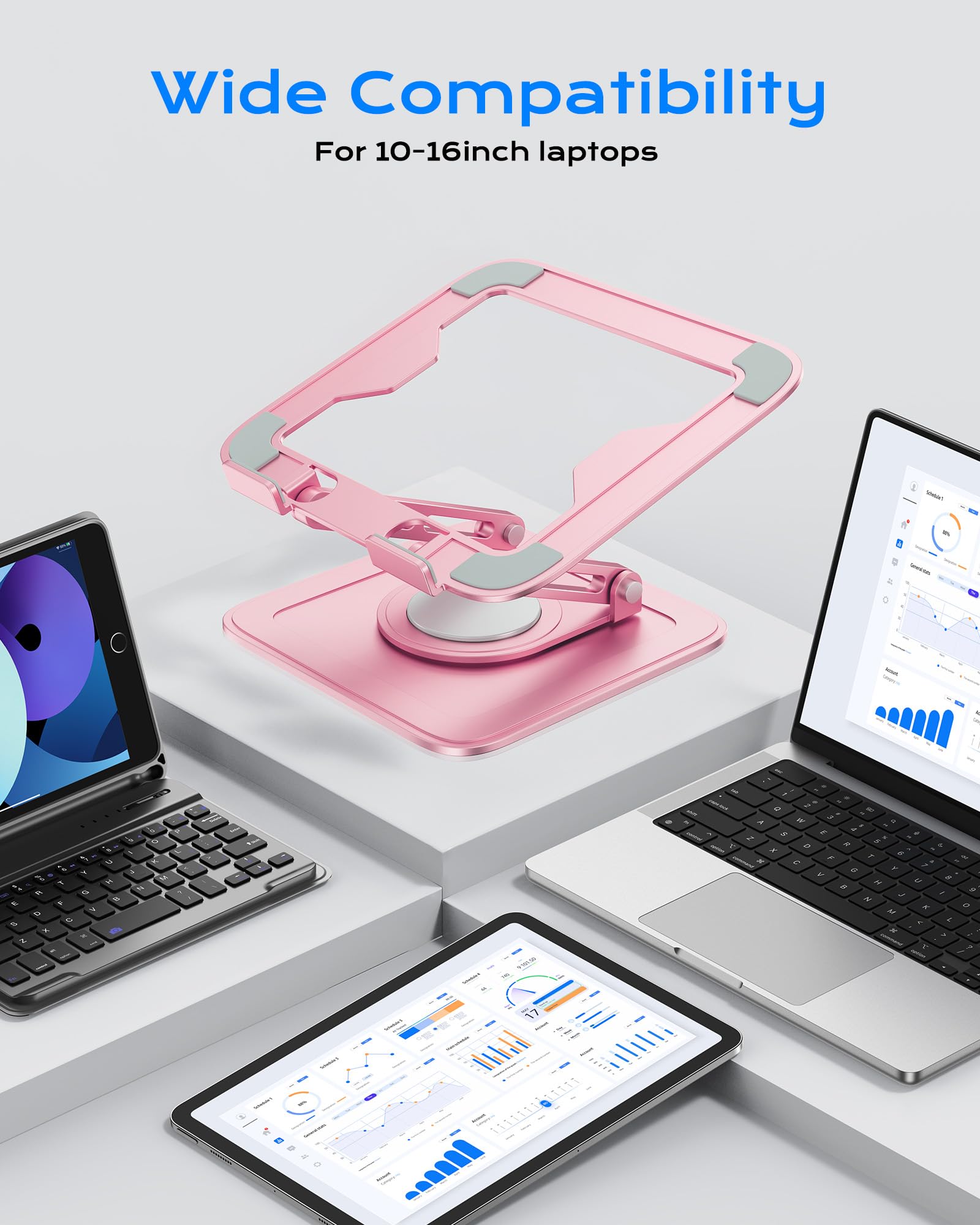 Adjustable Laptop Stand, Computer Stand with 360 Rotating Base, Ergonomic Laptop Riser Mount for Desk Foldable Protable Computer Desk Fits with MacBook Pro Air (10-16") - Pink