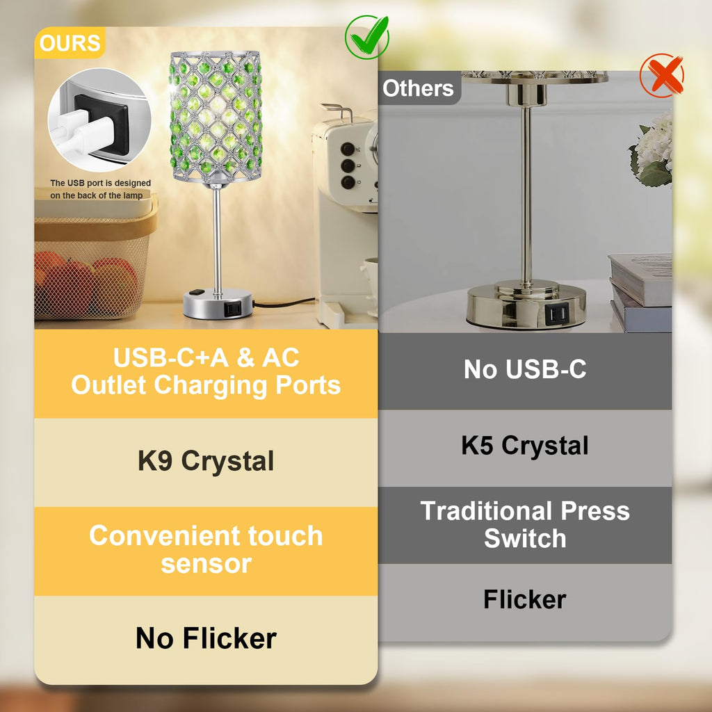 Crystal Lamp for Night Stands, Green Table Lamp for Bedroom, Bulb Included