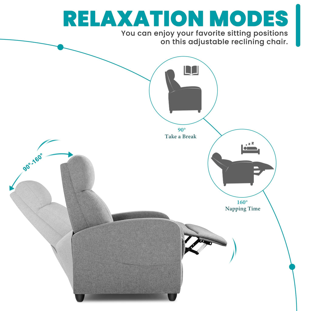 Recliner Chair Fabric Recliner Sofa No Massage, Home Theater Seating with Lumbar Support, Adjustable Push Back Overstuffed High-Density Sponge Reclining for Living Room, Grey