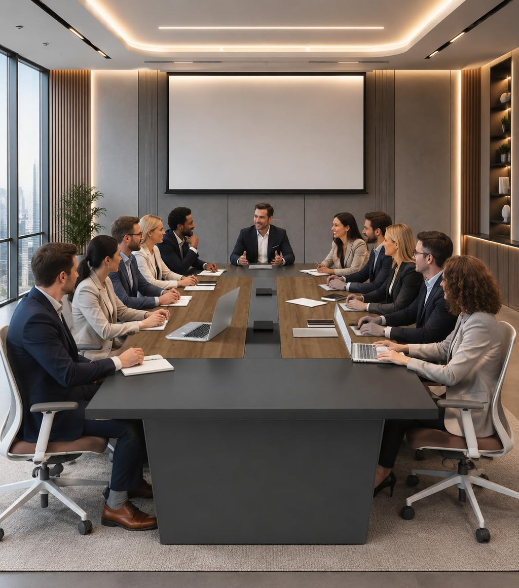 10FT Conference Table for 10 People, Large Rectangular Boardroom Meeting Table with Built-in Power Outlets & USB Ports, 2" Thick Tabletop & Heavy-Duty Base (Walnut & Gray, 118"L x 51"W x 30"H)